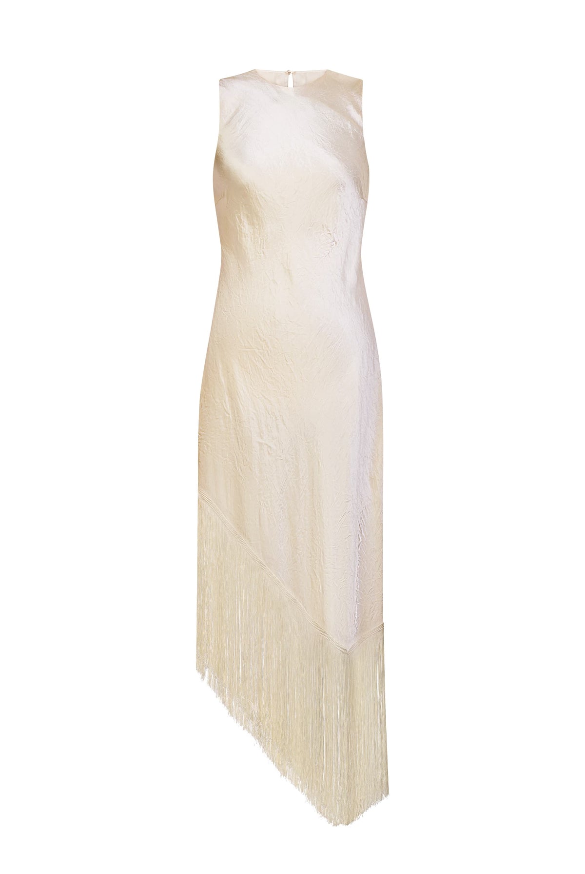 An ivory sleeveless Amiyra midi dress with a textured satin-like bodice and a long fringe hem, shown against a plain white background, front view