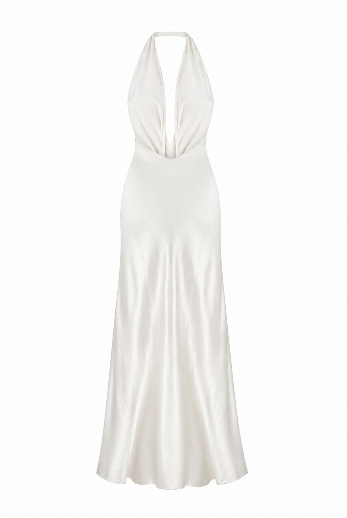 An ivory halter-neck maxi Ruth dress with a satin-like sheen and a knotted waist detail, shown against a plain white background, back view