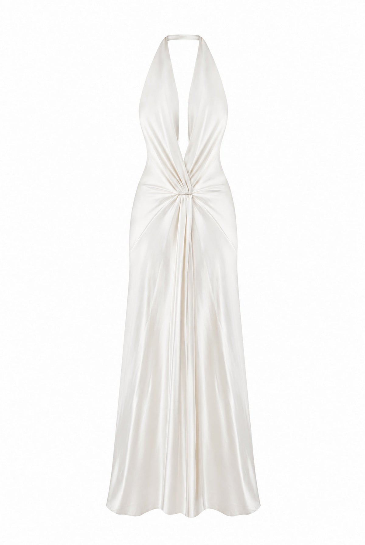 An ivory halter-neck maxi Ruth dress with a satin-like sheen and a knotted waist detail, shown against a plain white background, front view