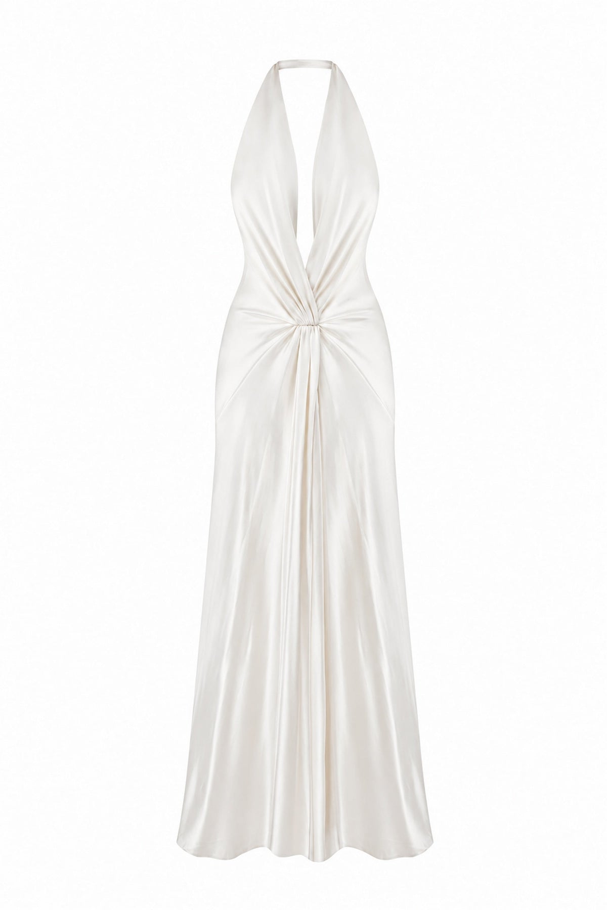 An ivory halter-neck maxi Ruth dress with a satin-like sheen and a knotted waist detail, shown against a plain white background, front view