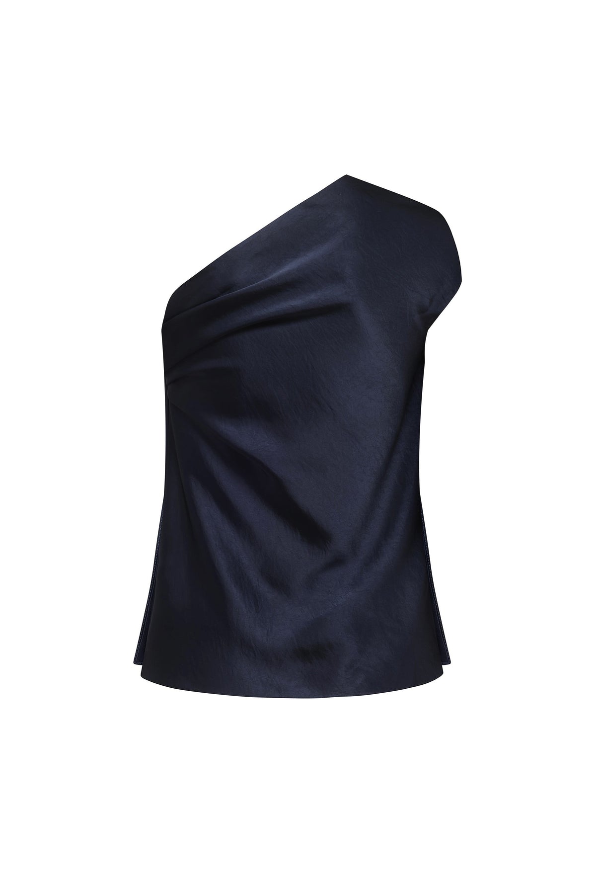 A dark navy blue draped one-shoulder Paris top with a glossy satin-like finish, shown against a plain white background, back view