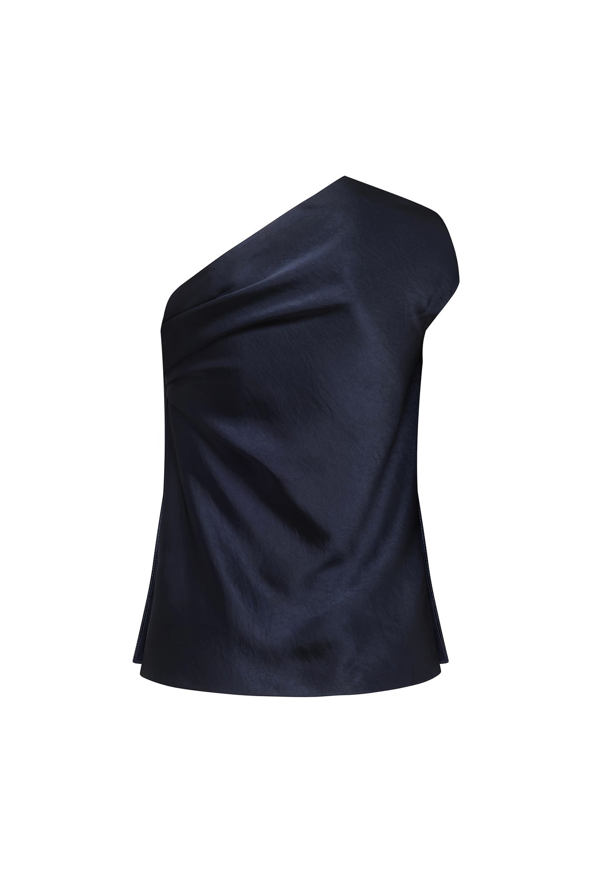 A dark navy blue draped one-shoulder Paris top with a glossy satin-like finish, shown against a plain white background, back view