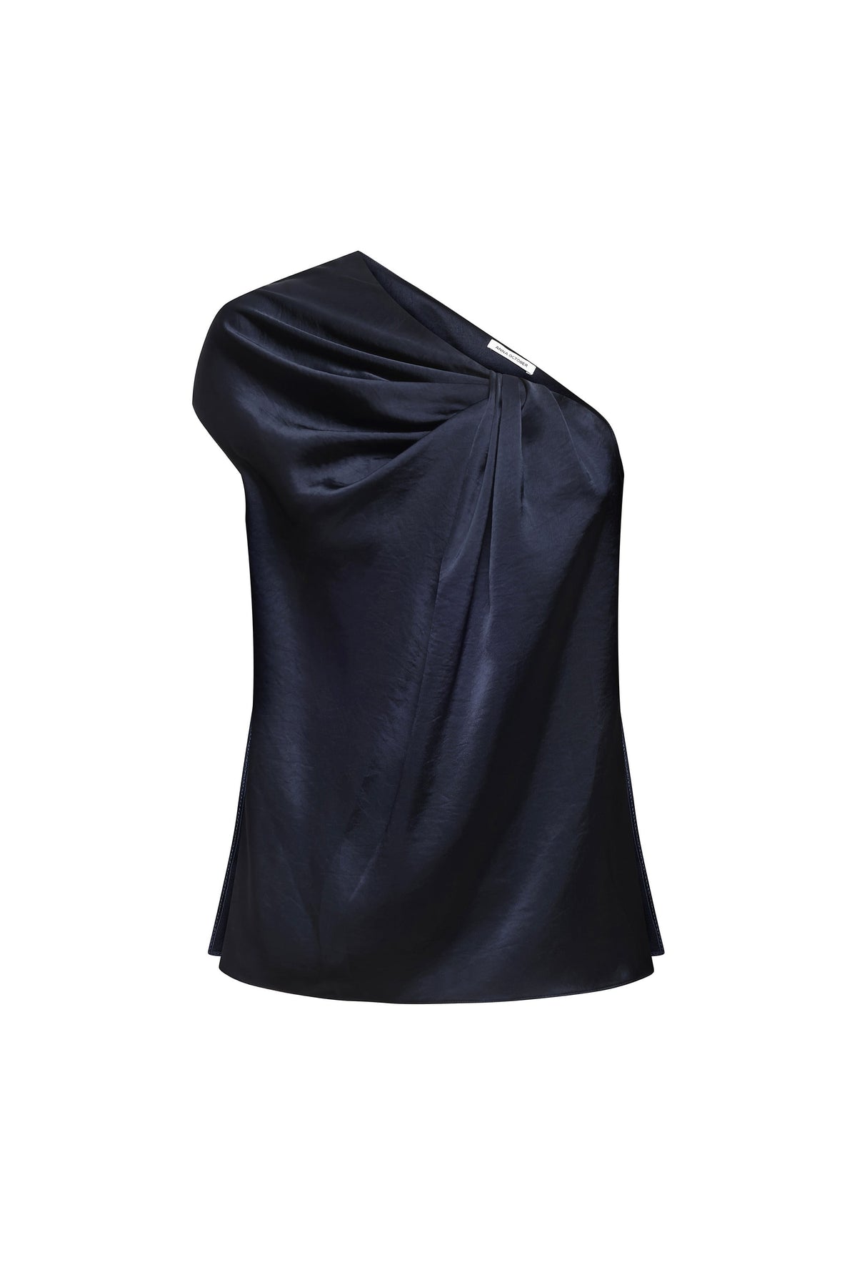 A dark navy blue draped one-shoulder Paris top with a glossy satin-like finish, shown against a plain white background, front view
