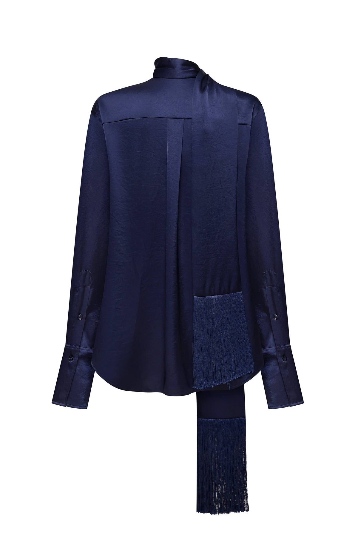 A dark navy blue long-sleeve Lydia blouse with a high mock neck, draped front panels, and a matching fringed scarf hanging from the waist, shown against a plain white background, back view