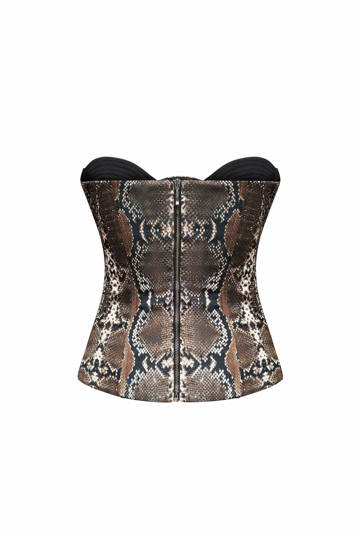 A structured bustier Raya corset with a brown and black snakeskin pattern, shown against a plain white background, back view