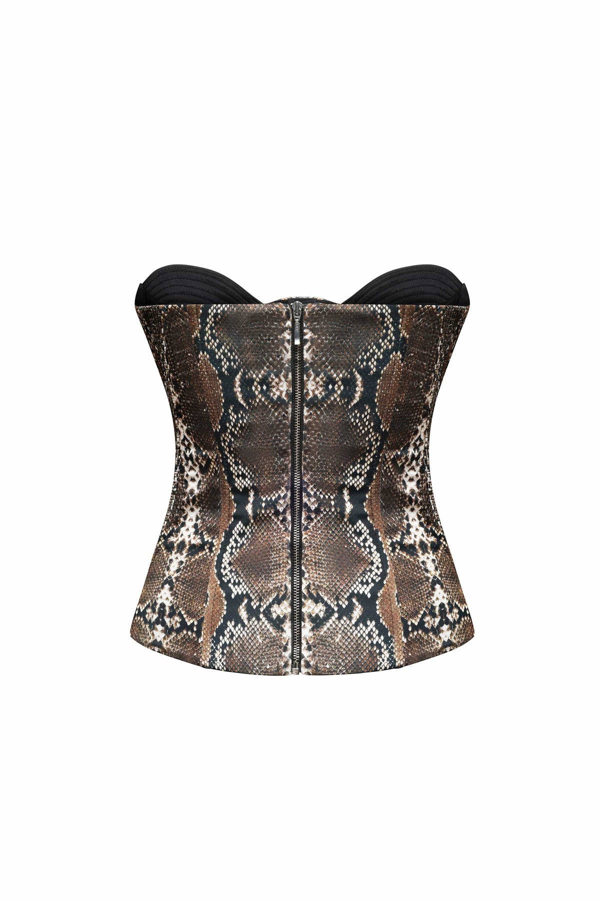 A structured bustier Raya corset with a brown and black snakeskin pattern, shown against a plain white background, back view