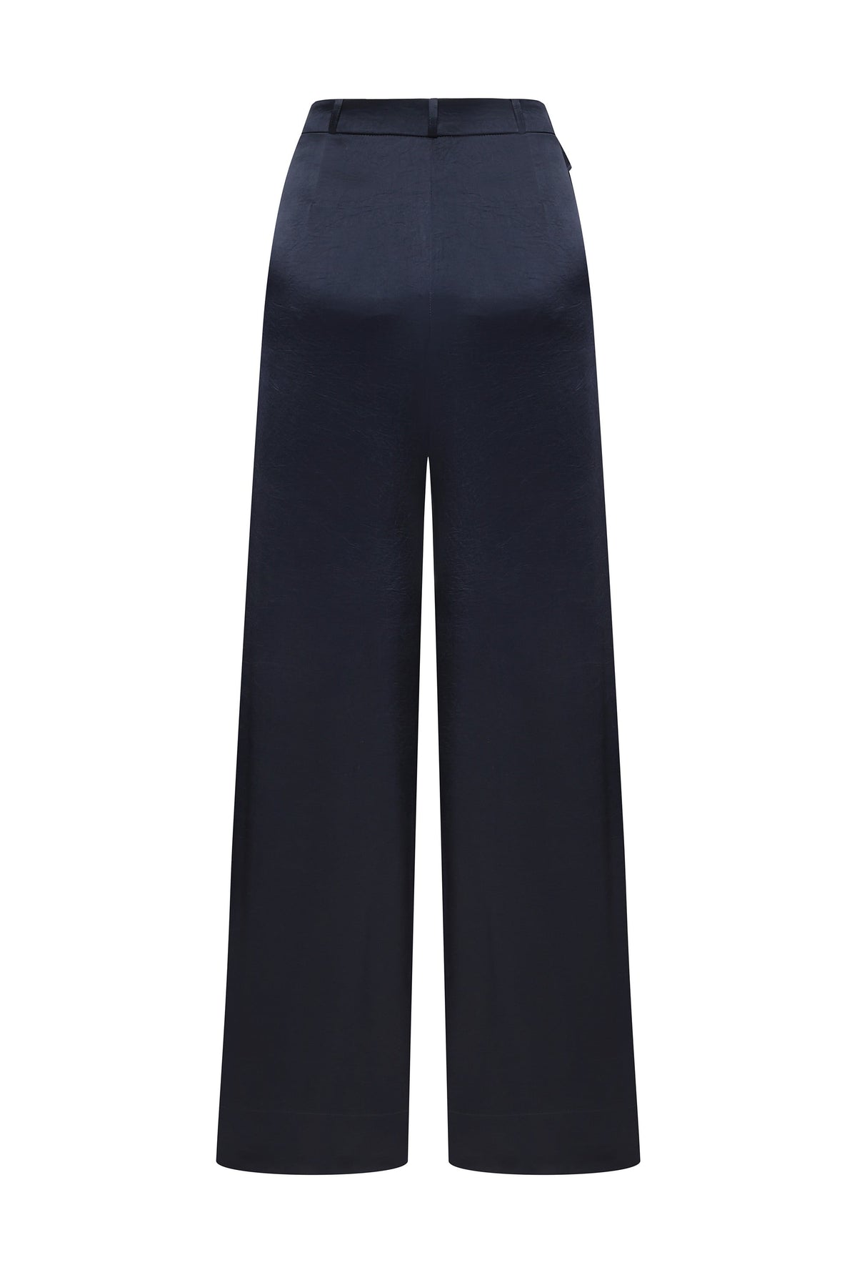 A pair of dark navy wide-leg Katerina trousers with a high waist and front pleats, shown against a plain white background, back view
