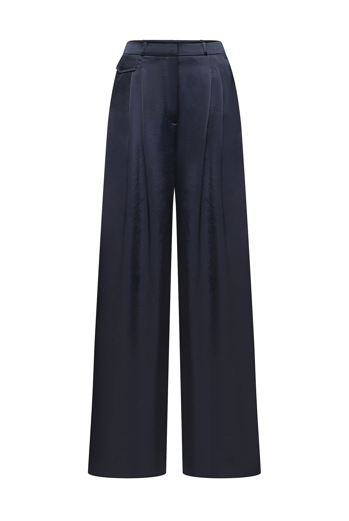 A pair of dark navy wide-leg Katerina trousers with a high waist and front pleats, shown against a plain white background, front view