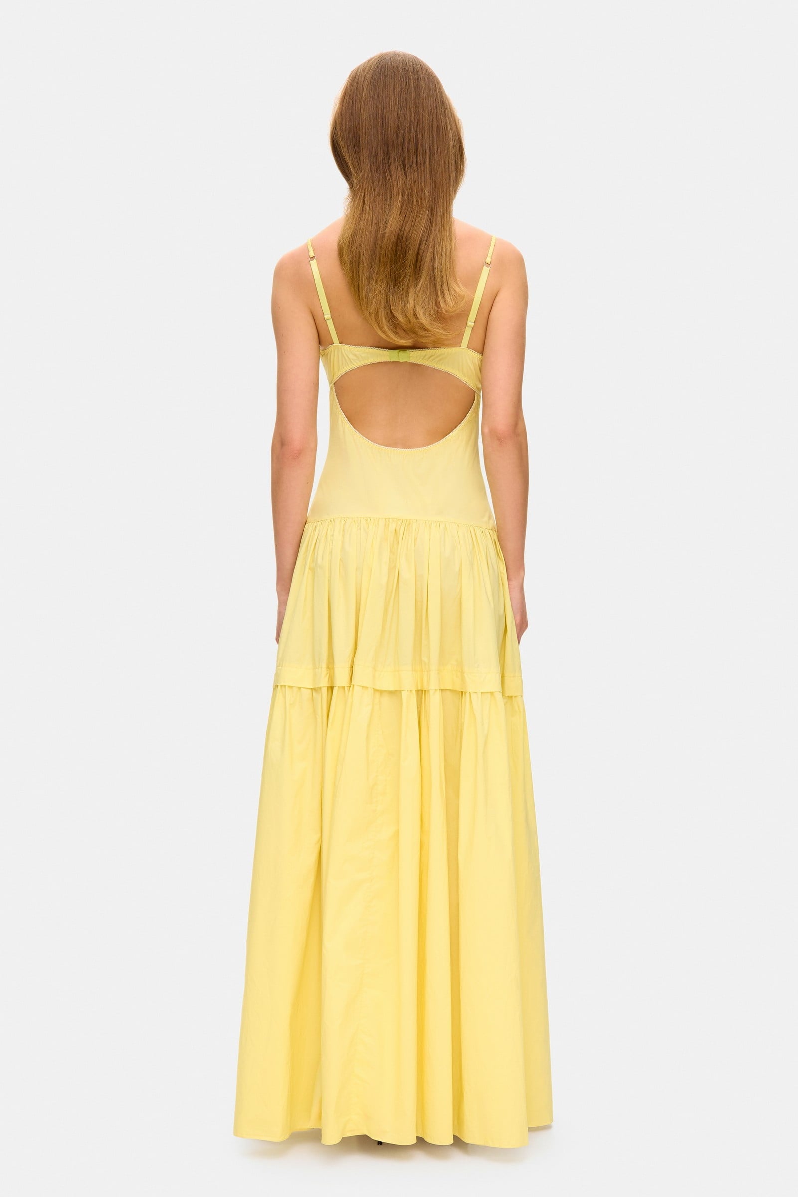 Model in bustier style bodice maxi Yulitta dress with a wide skirt back view