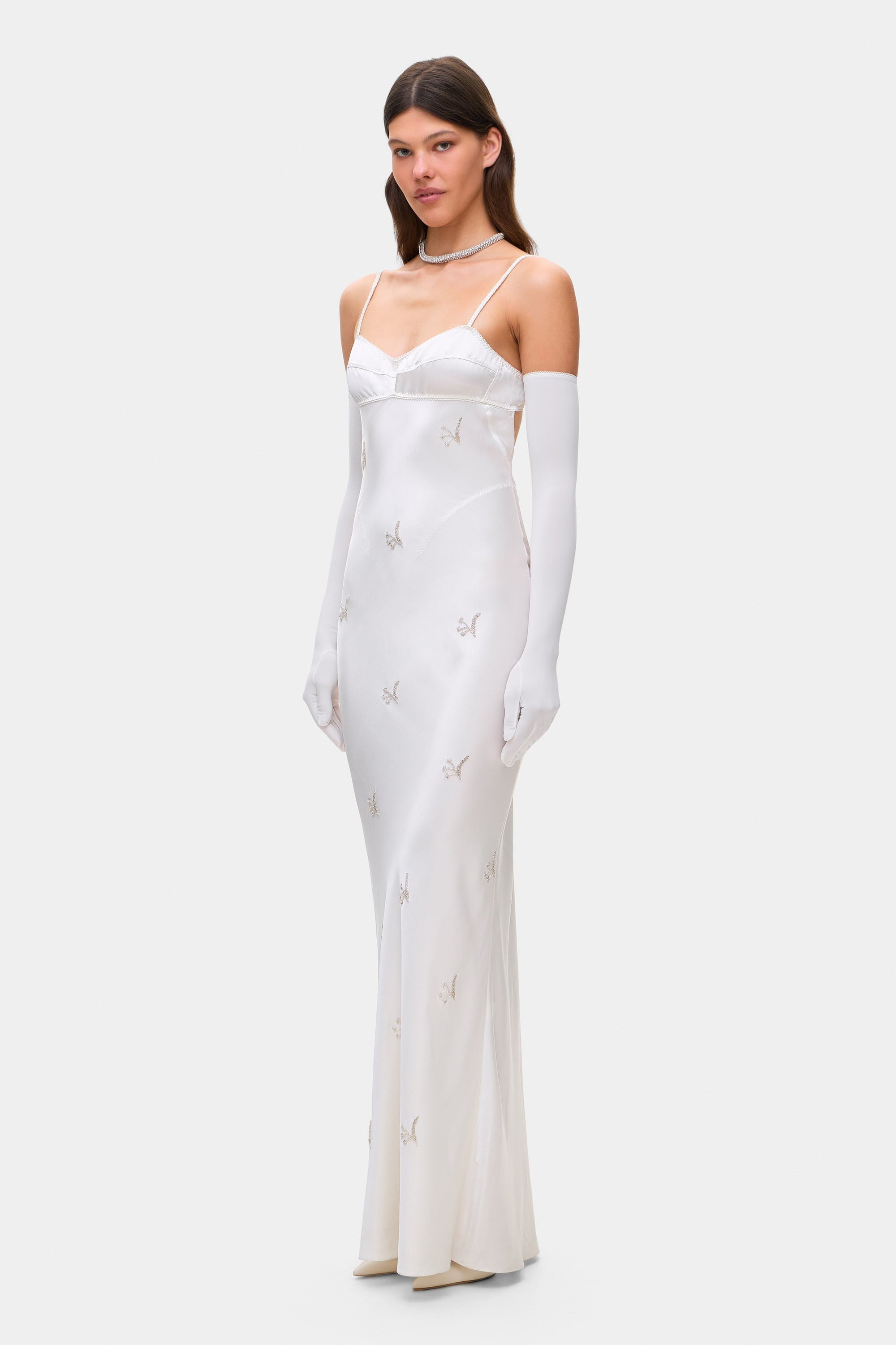 Bustier style bodice Beaded Waterlily maxi dress with embroidery side view