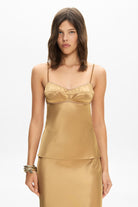 Model in Waterlily top with a decorated bodice and straps front view