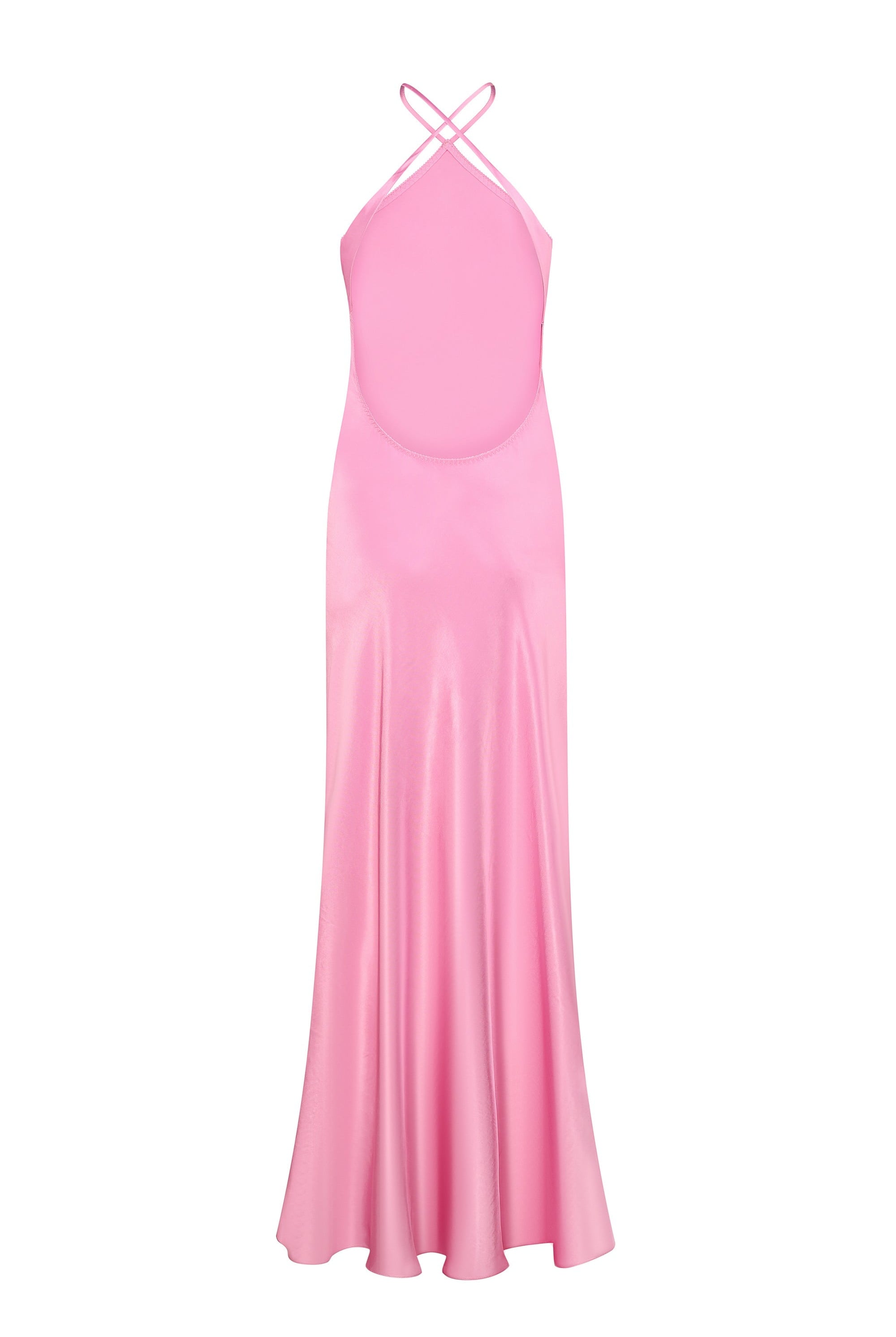 Pink halter neck Angela dress on a white background, back view