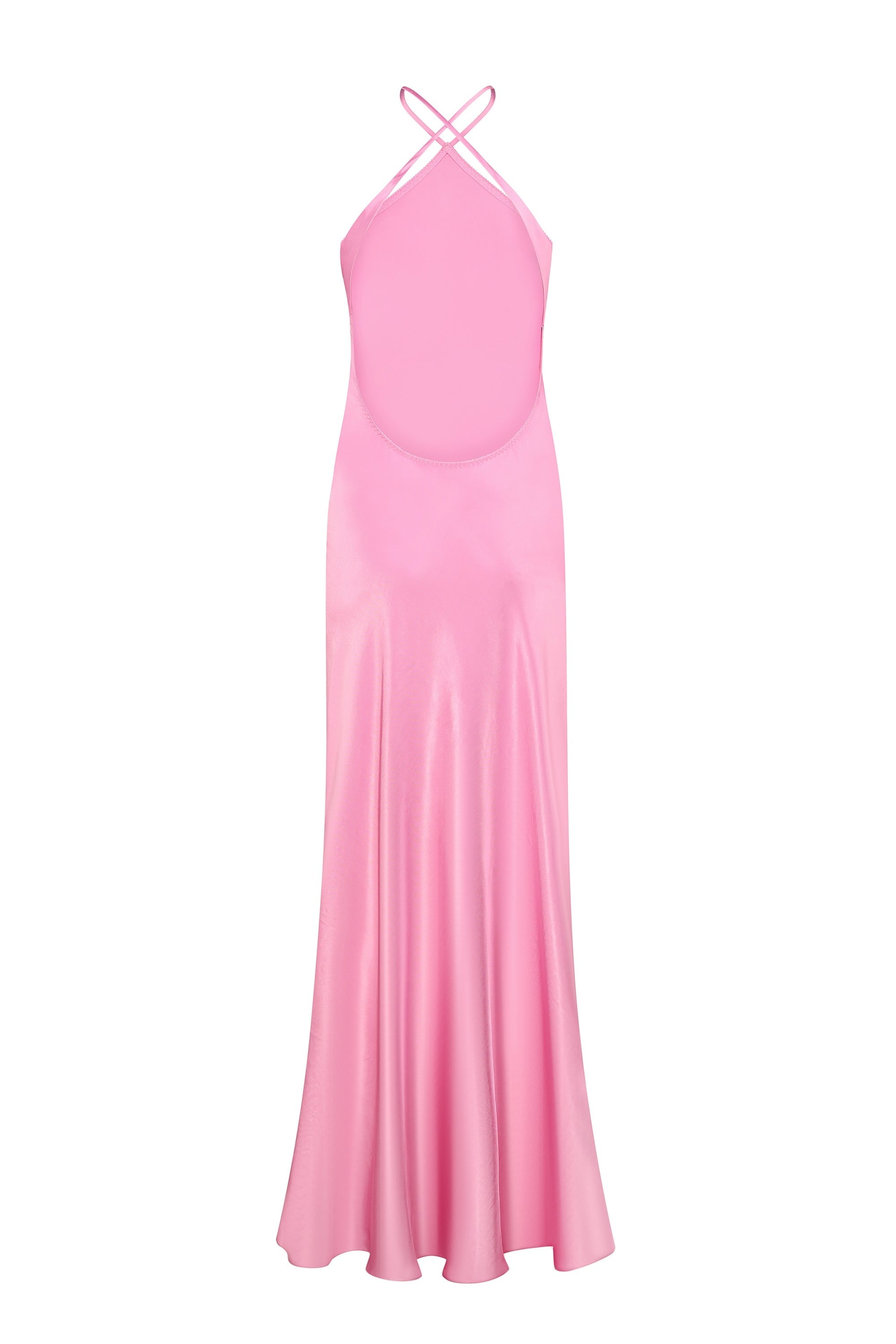 Pink halter neck Angela dress on a white background, back view
