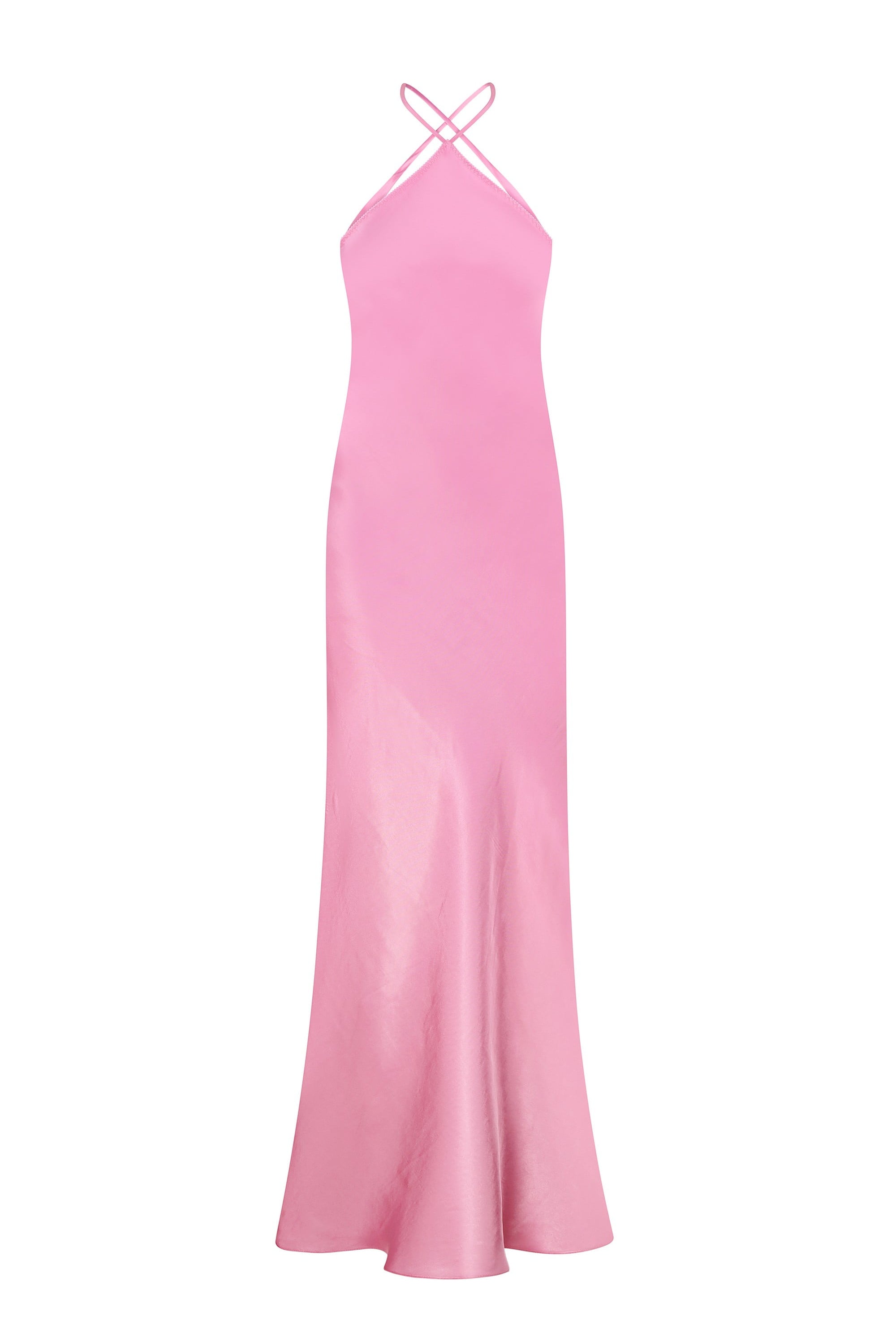 Pink halter neck Angela dress on a white background, front view