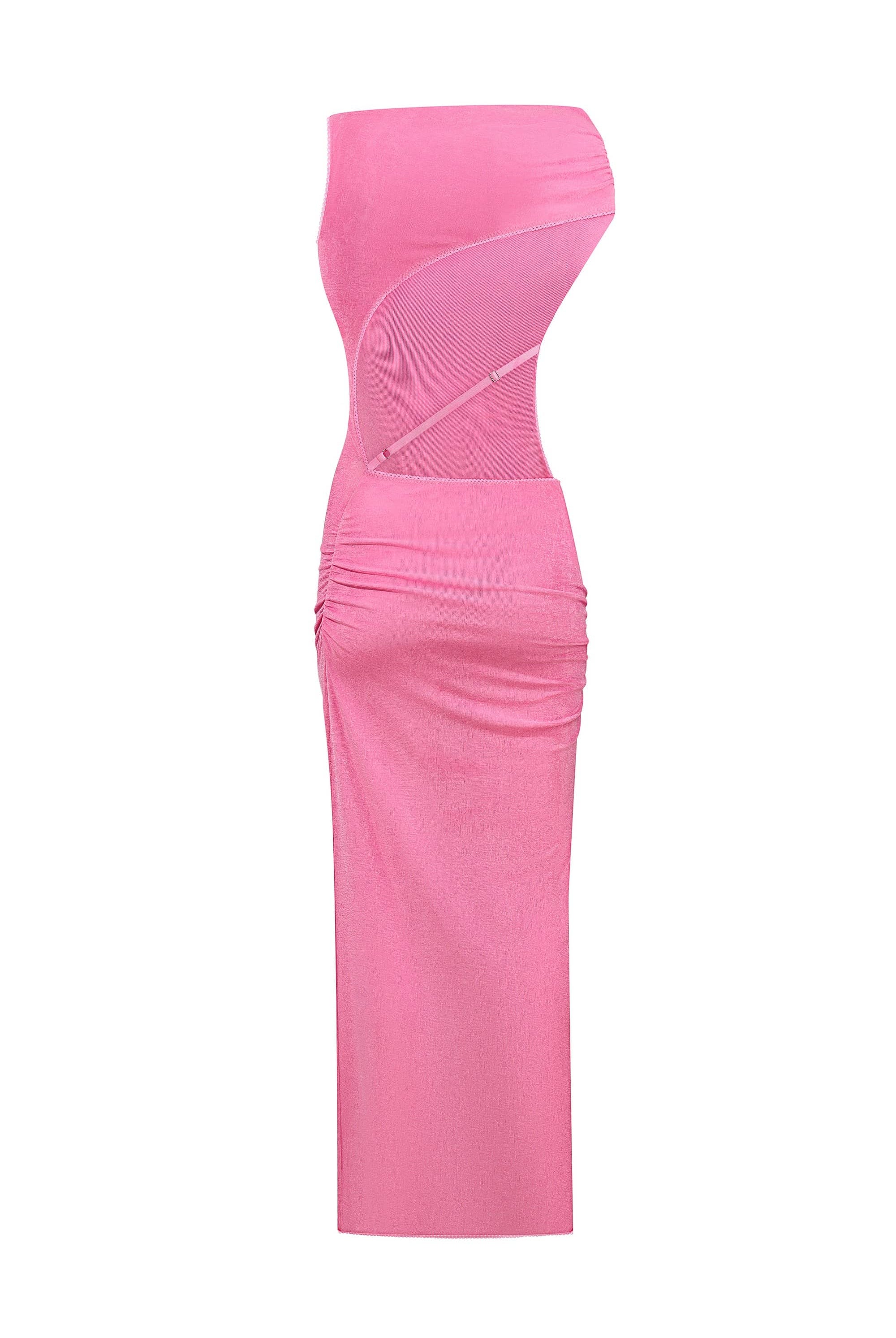 Pink sleeveless Aya dress with cut-out design on a white background, back view