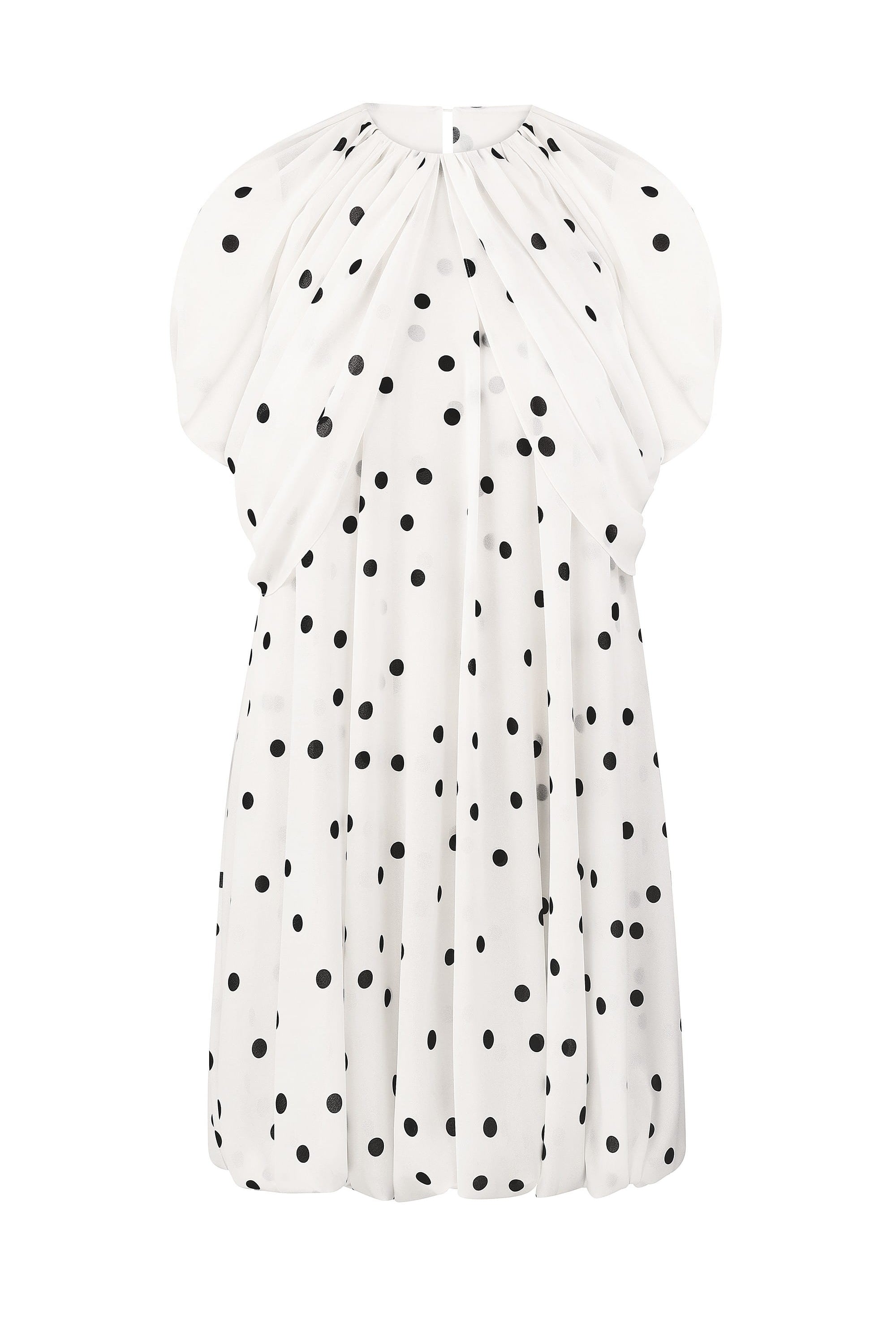 White Mio dress with black polka dots on a light gray background, front view