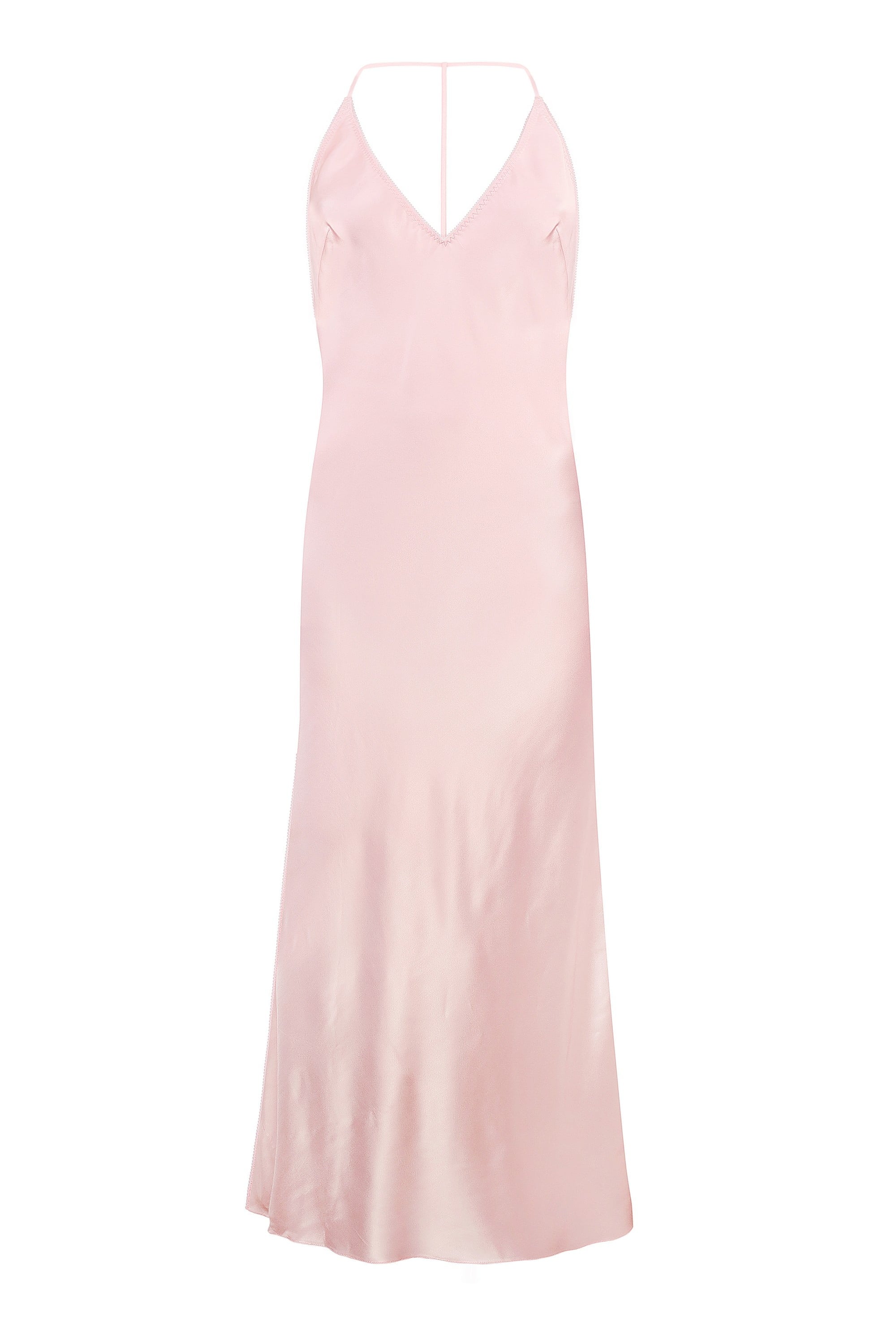 Light pink Justina midi dress with thin straps on a white background, front view
