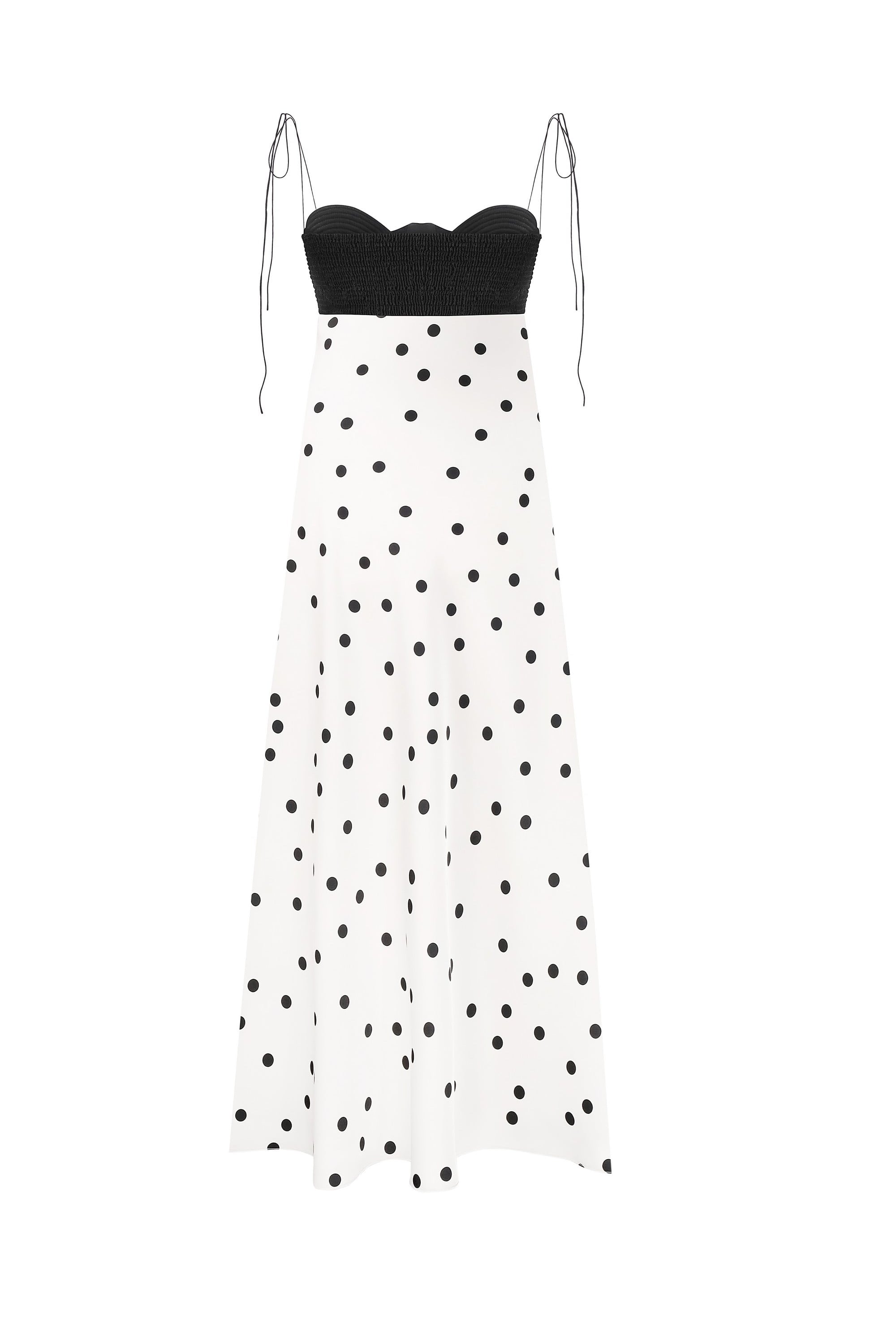 Black and white polka dot Erika dress with thin straps on a white background, back view
