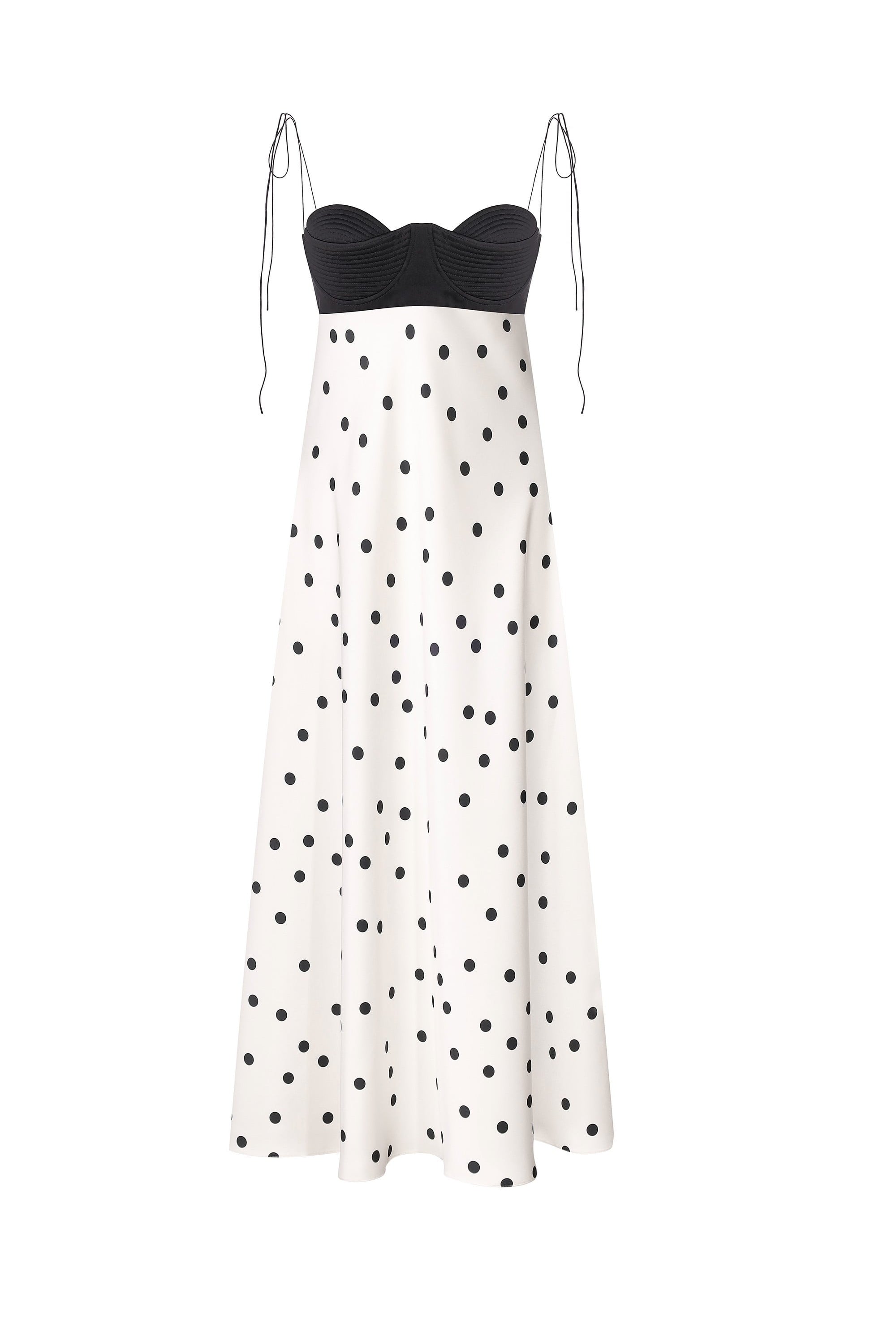 Black and white polka dot Erika dress with thin straps on a white background, front view