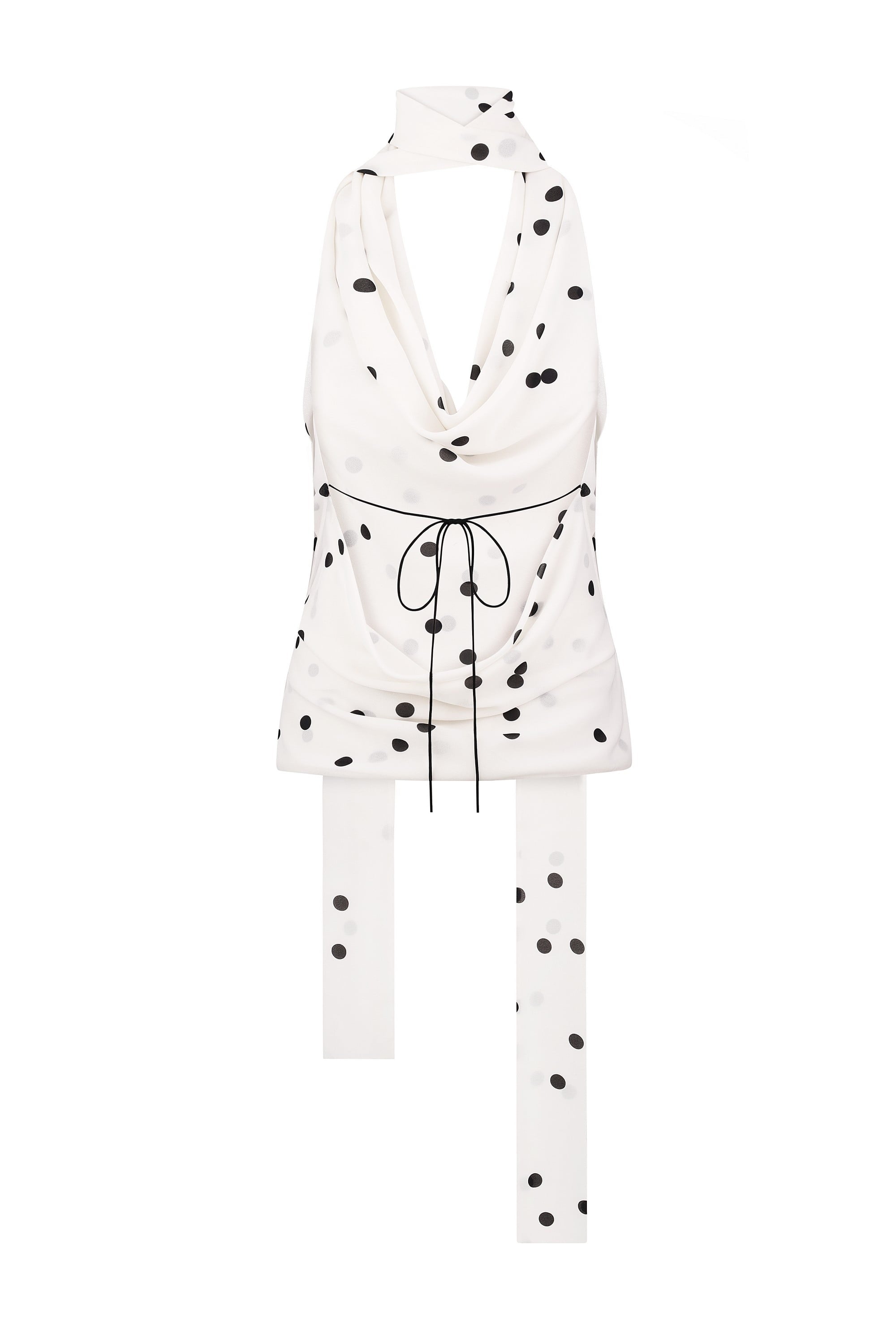 White sleeveless Agnes top with black polka dots on a white background, back view
