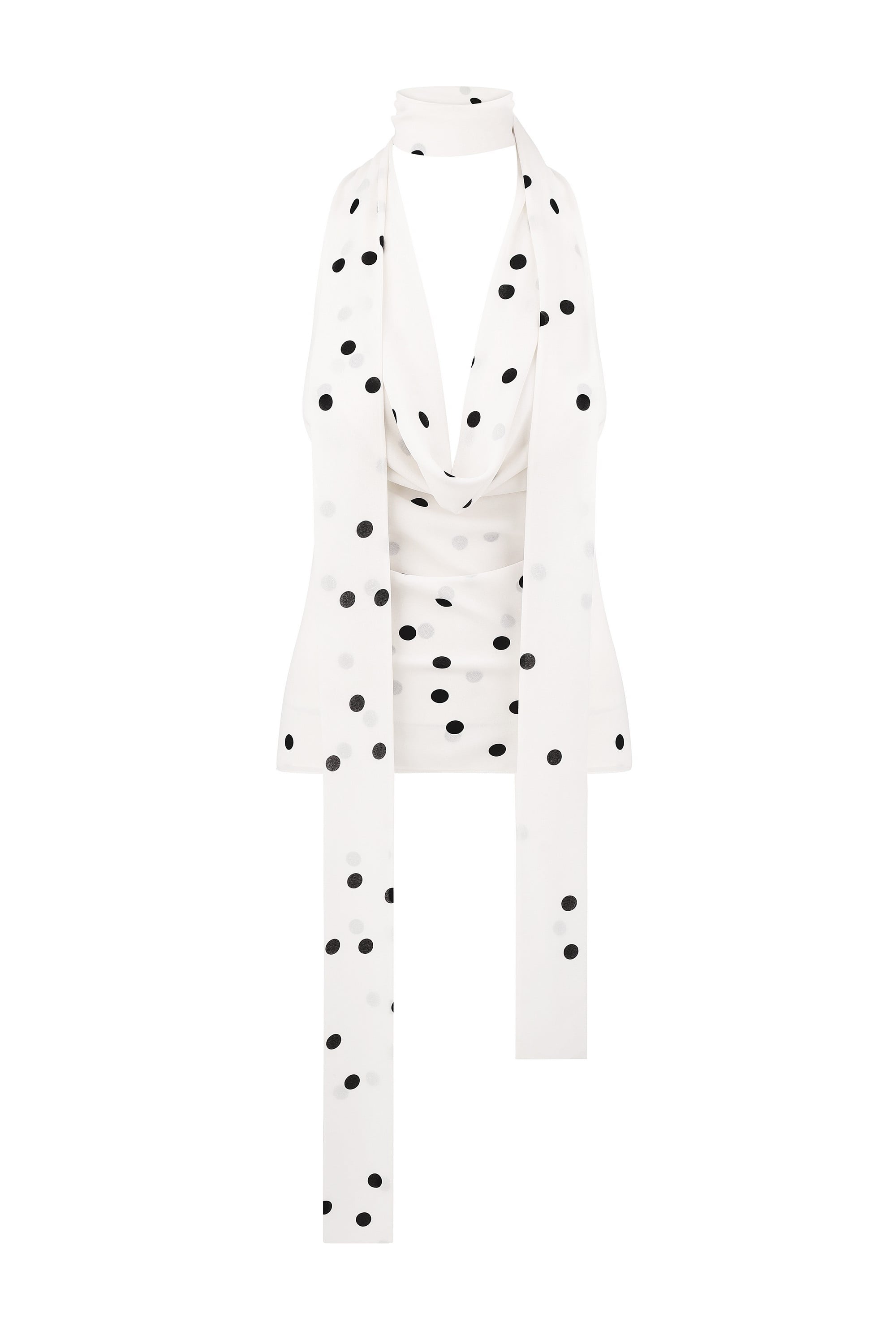 White sleeveless Agnes top with black polka dots on a white background, front view