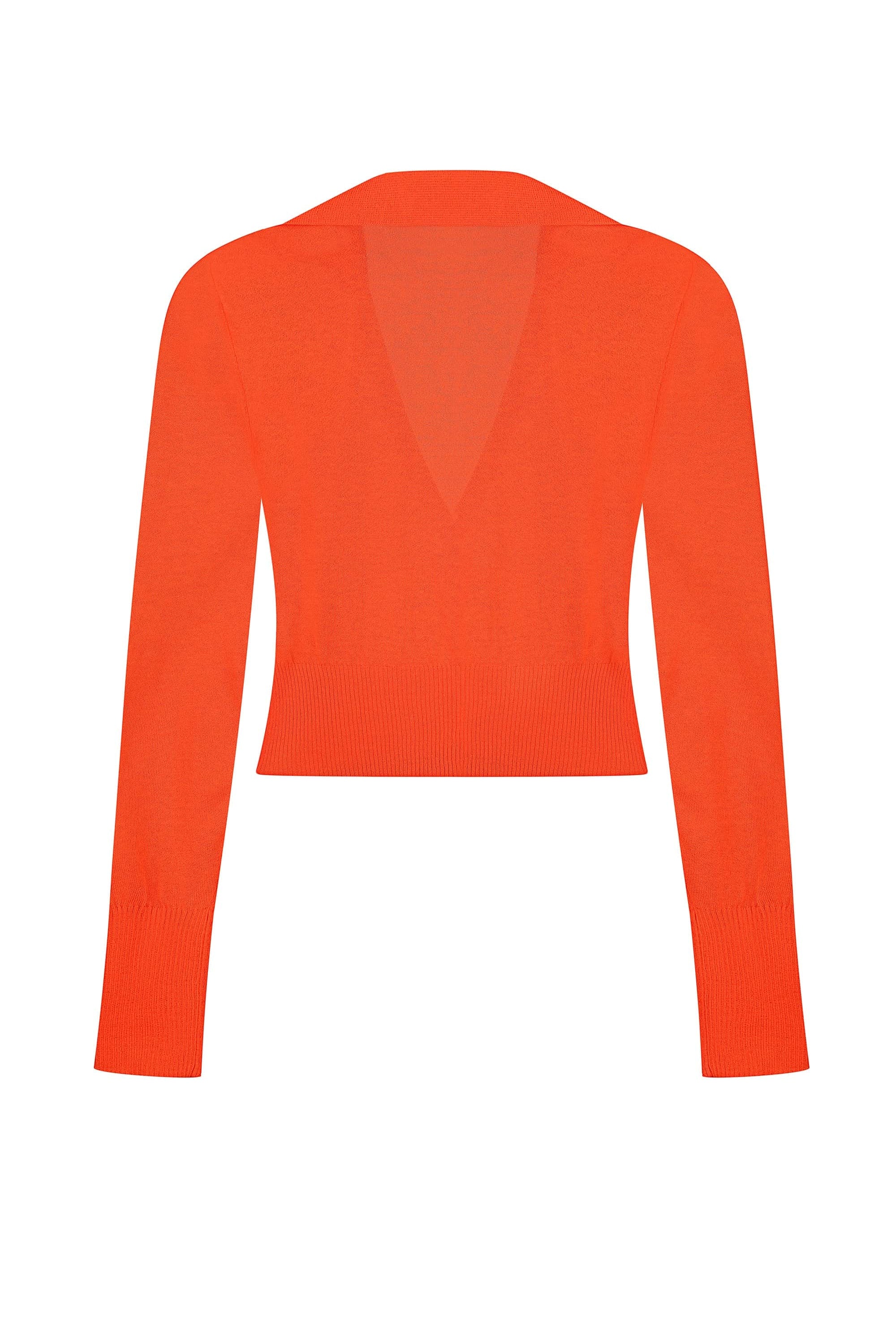 Orange Cecilia cardigan on a white background, back view