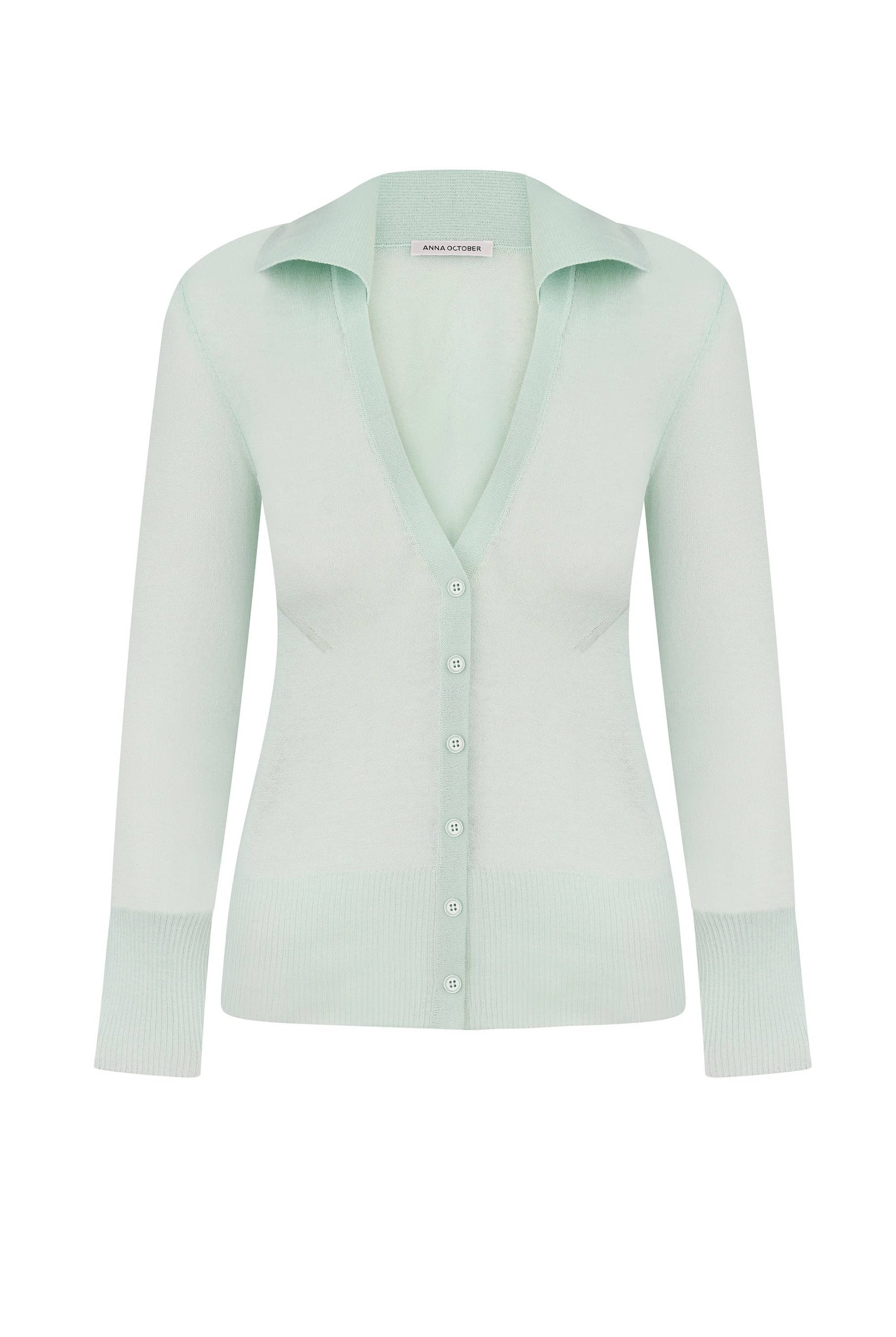 Mint Ensley cardigan over a white background, front view