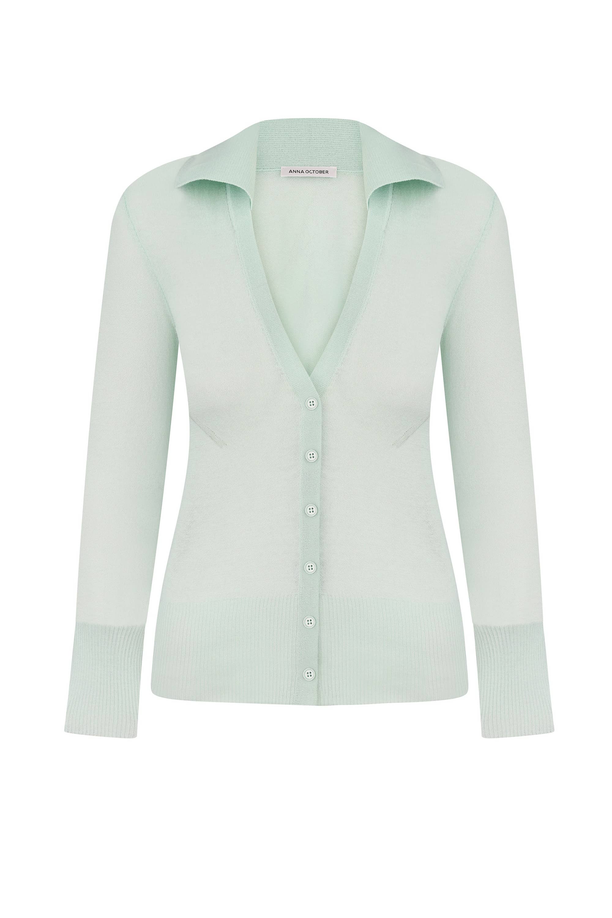 Mint Ensley cardigan over a white background, front view