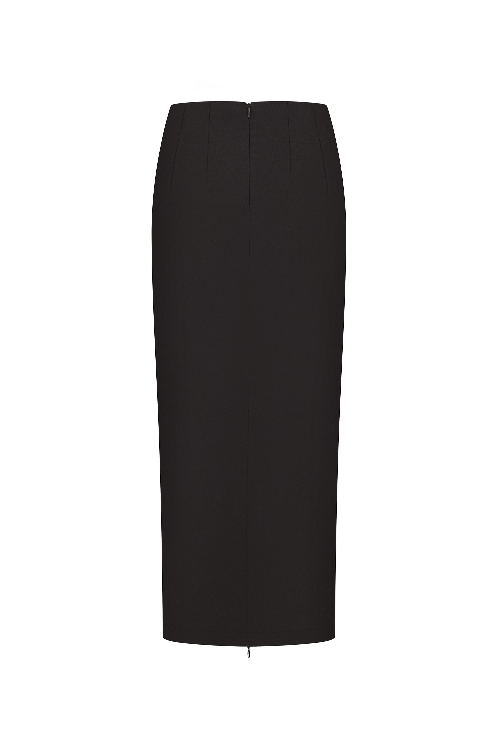 Black pencil Kaya skirt on a white background, front view, fastened zip