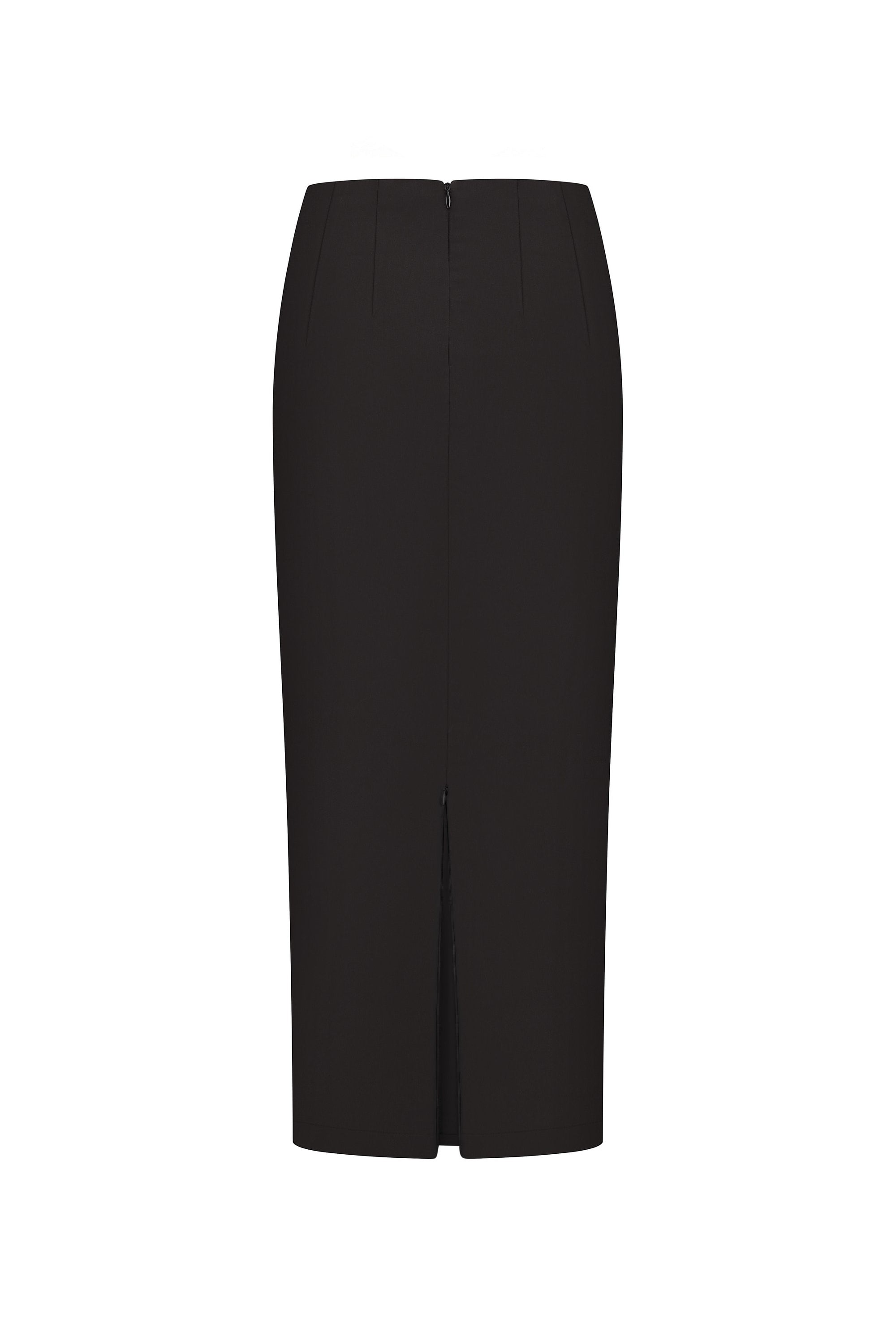 Black pencil Kaya skirt on a white background, front view, zipper unzipped