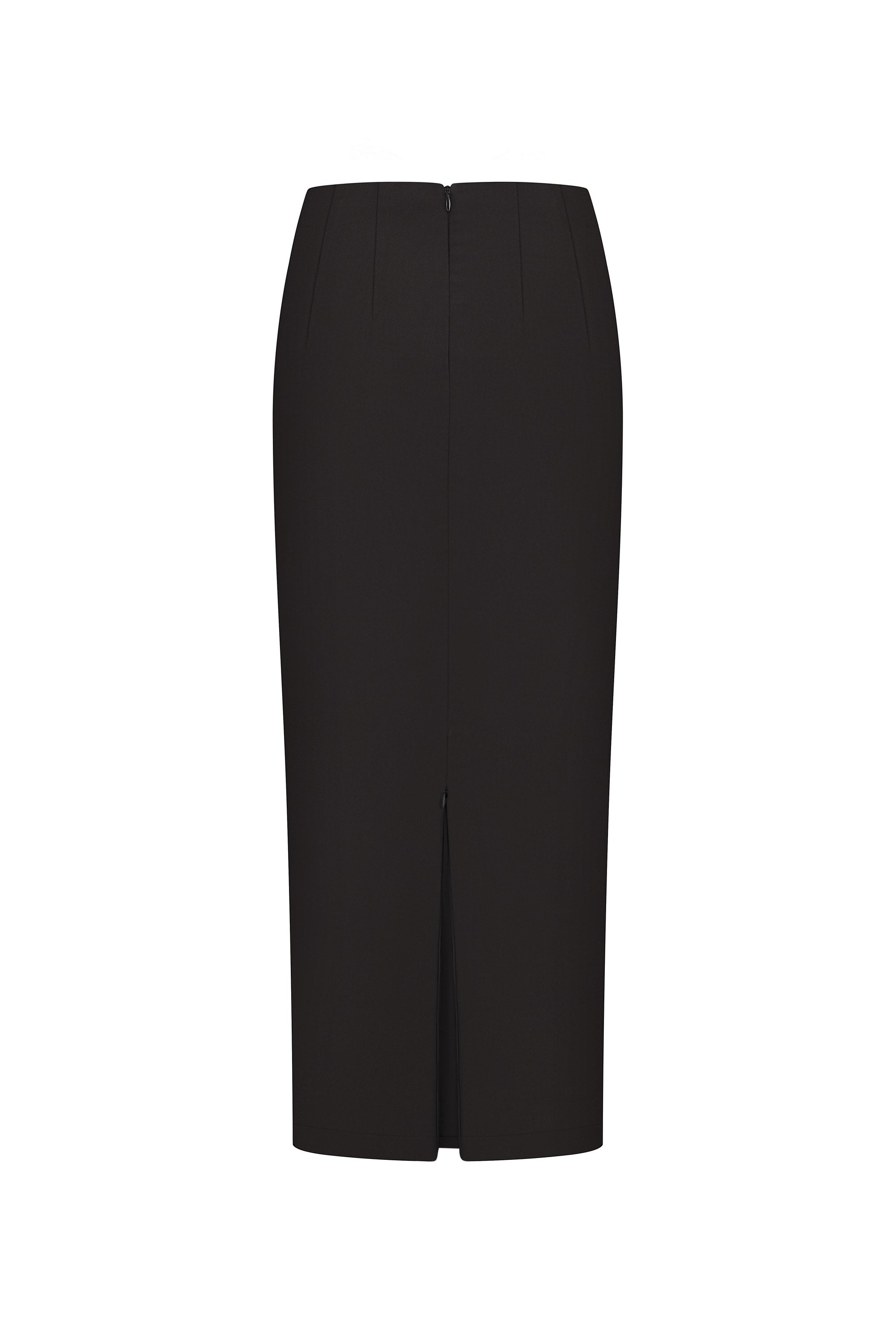 Black pencil Kaya skirt on a white background, front view, zipper unzipped