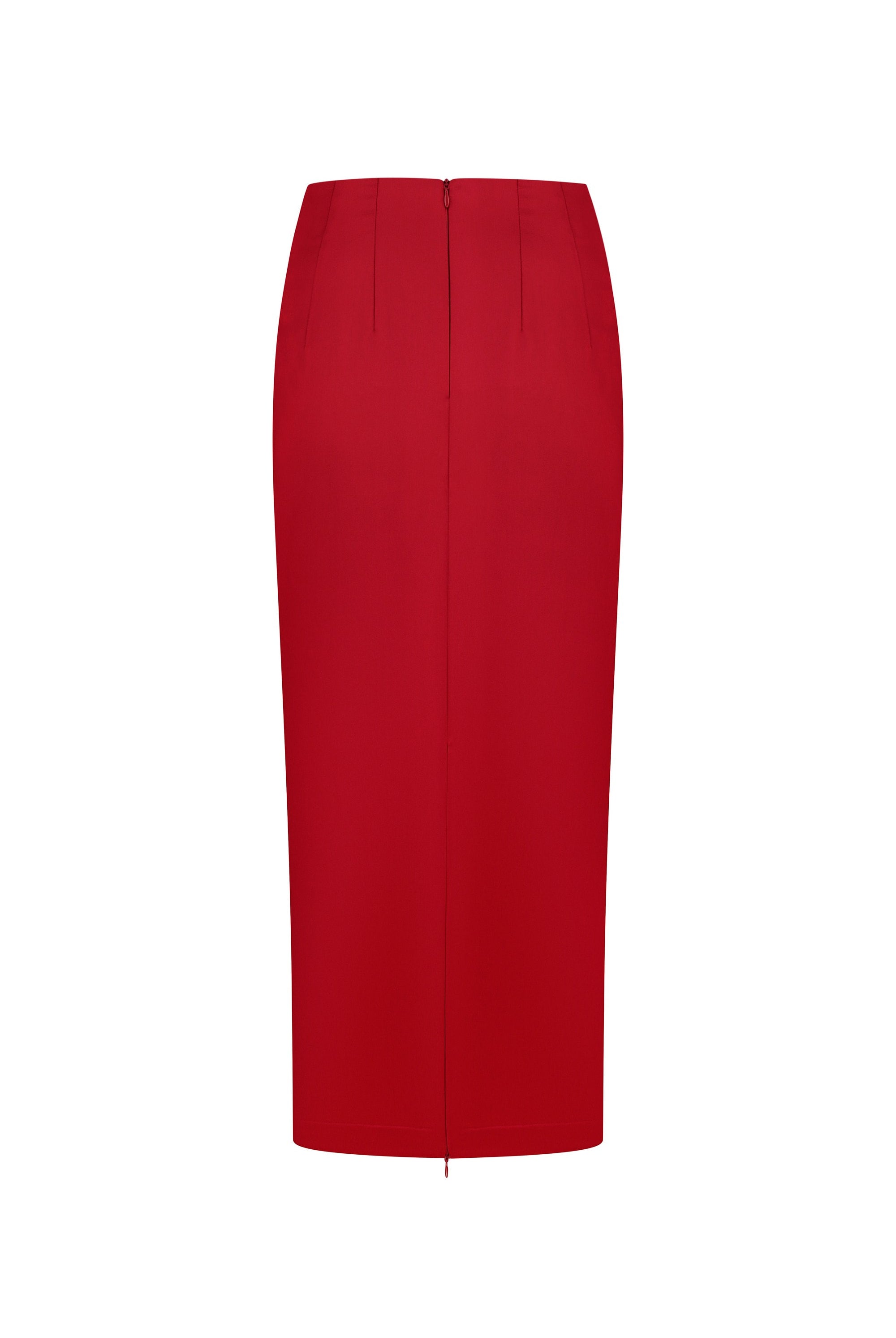 Red pencil Kaya skirt on a white background, front view, fastened zip
