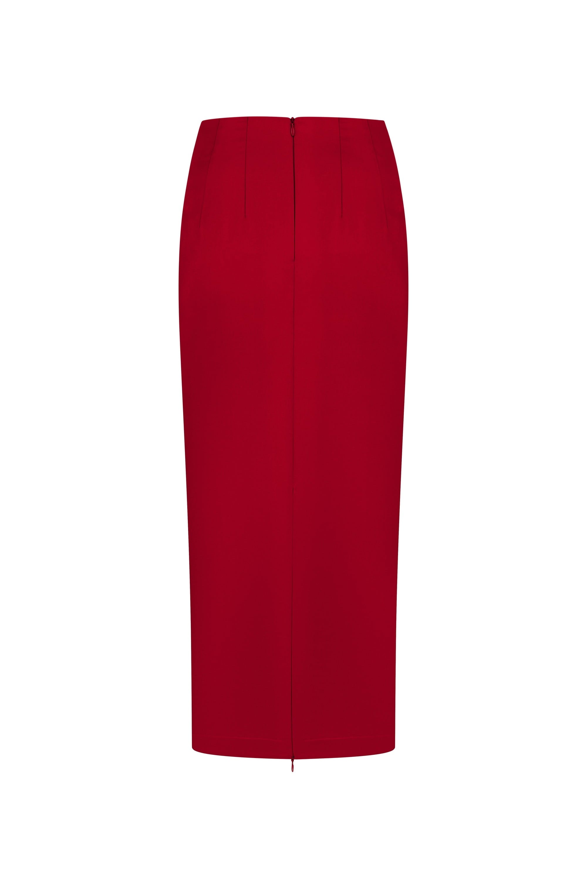 Red pencil Kaya skirt on a white background, front view, fastened zip