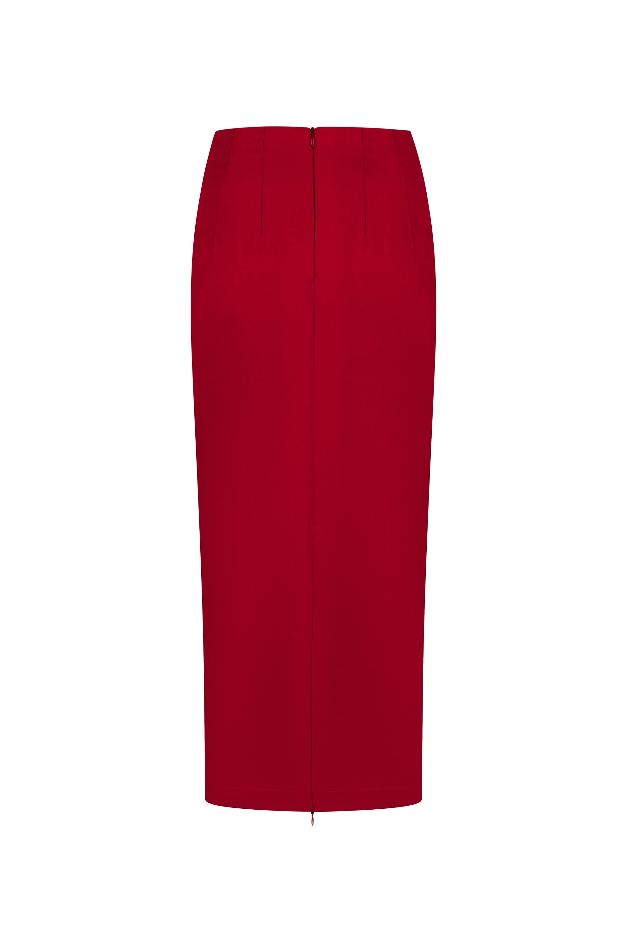 Red pencil Kaya skirt on a white background, front view, fastened zip