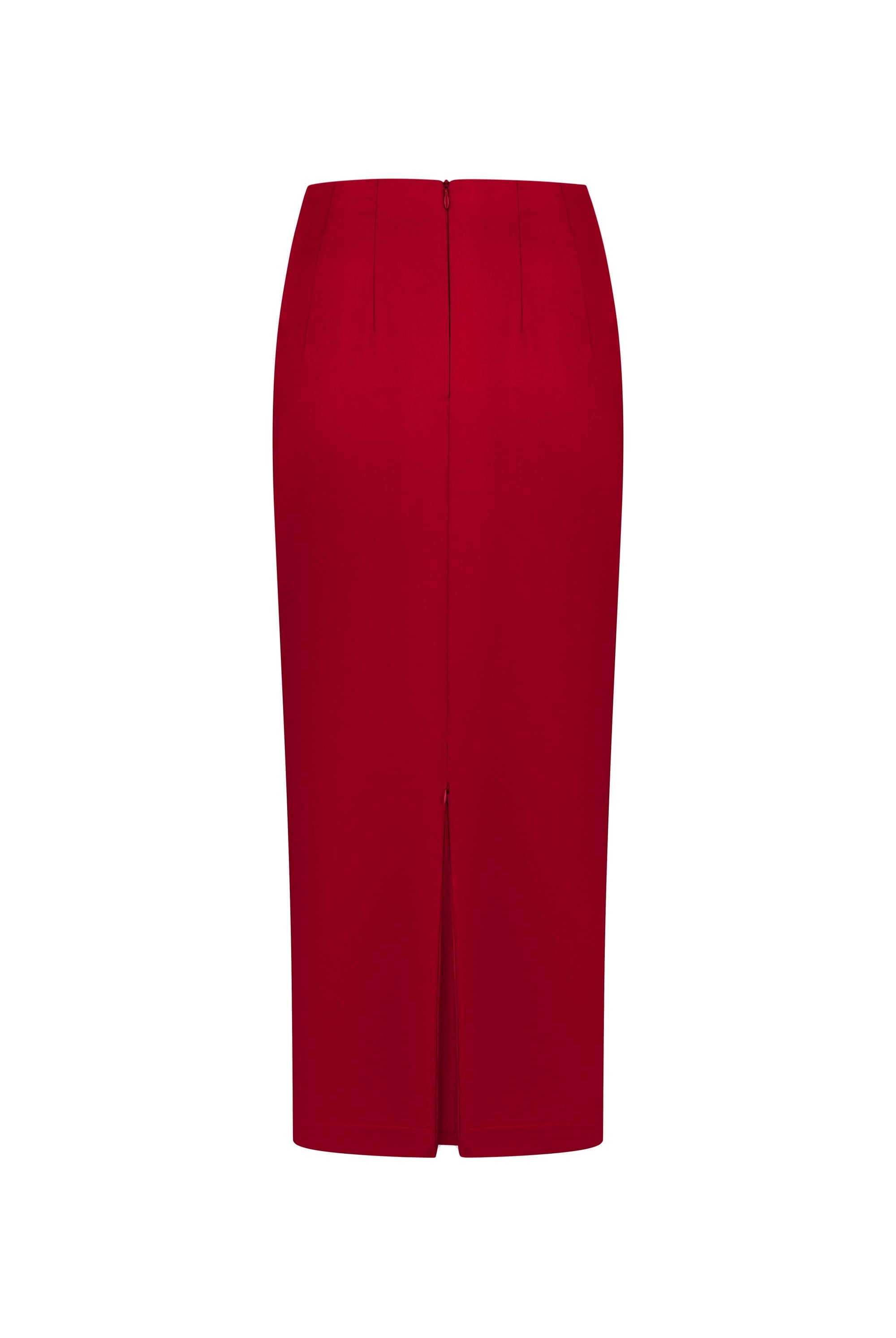 Red pencil Kaya skirt on a white background, front view, zipper unzipped