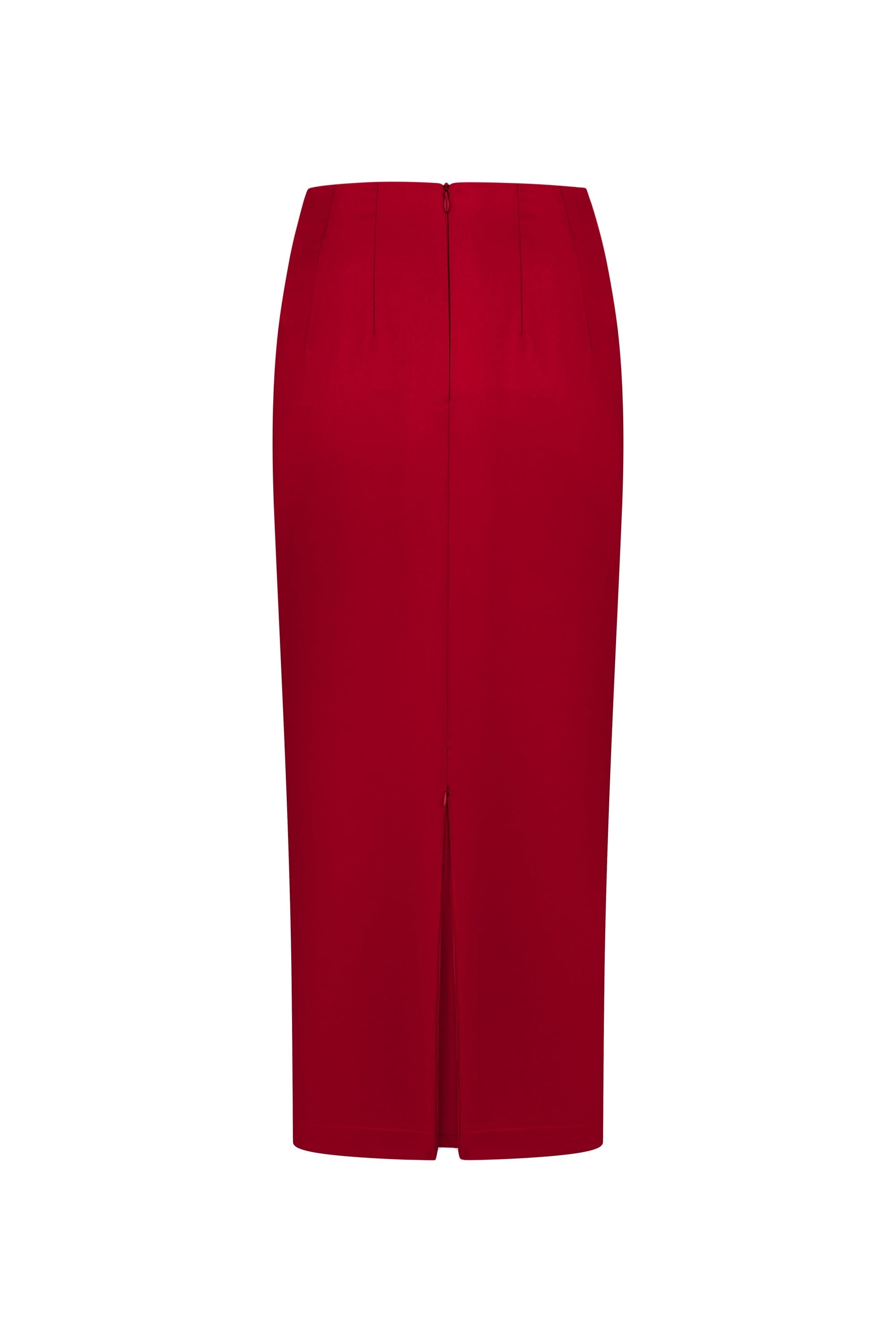 Red pencil Kaya skirt on a white background, front view, zipper unzipped