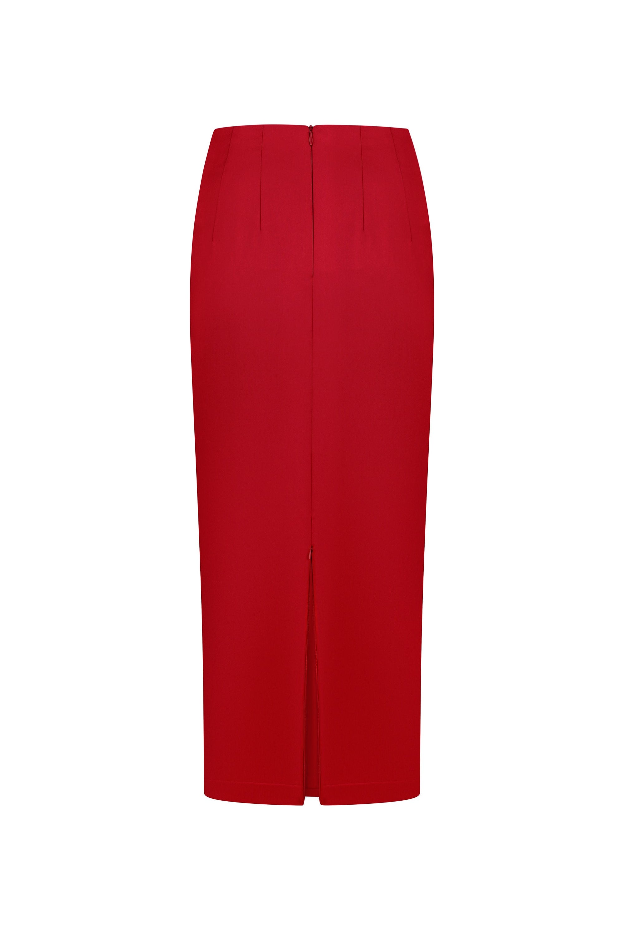 Red pencil Kaya skirt on a white background, front view, zipper unzipped