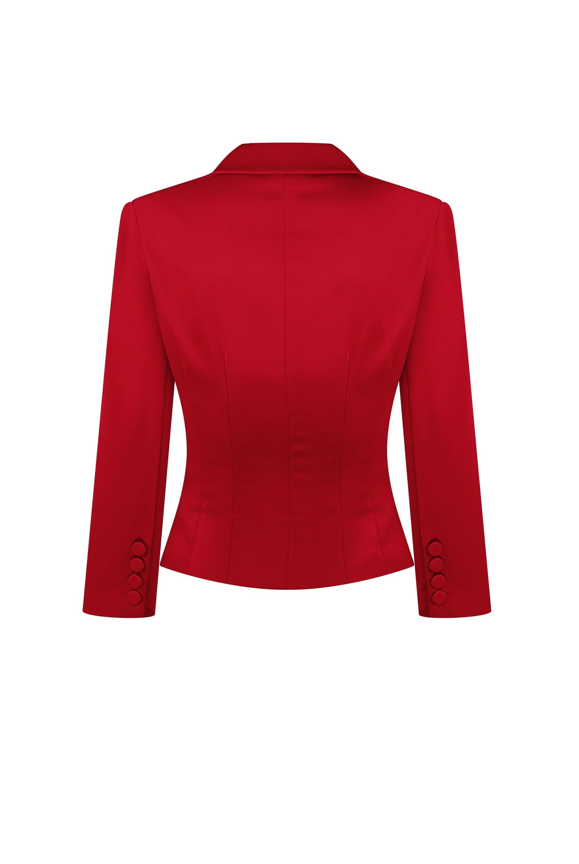 Red Giada jacke with buttons on a white background, back view