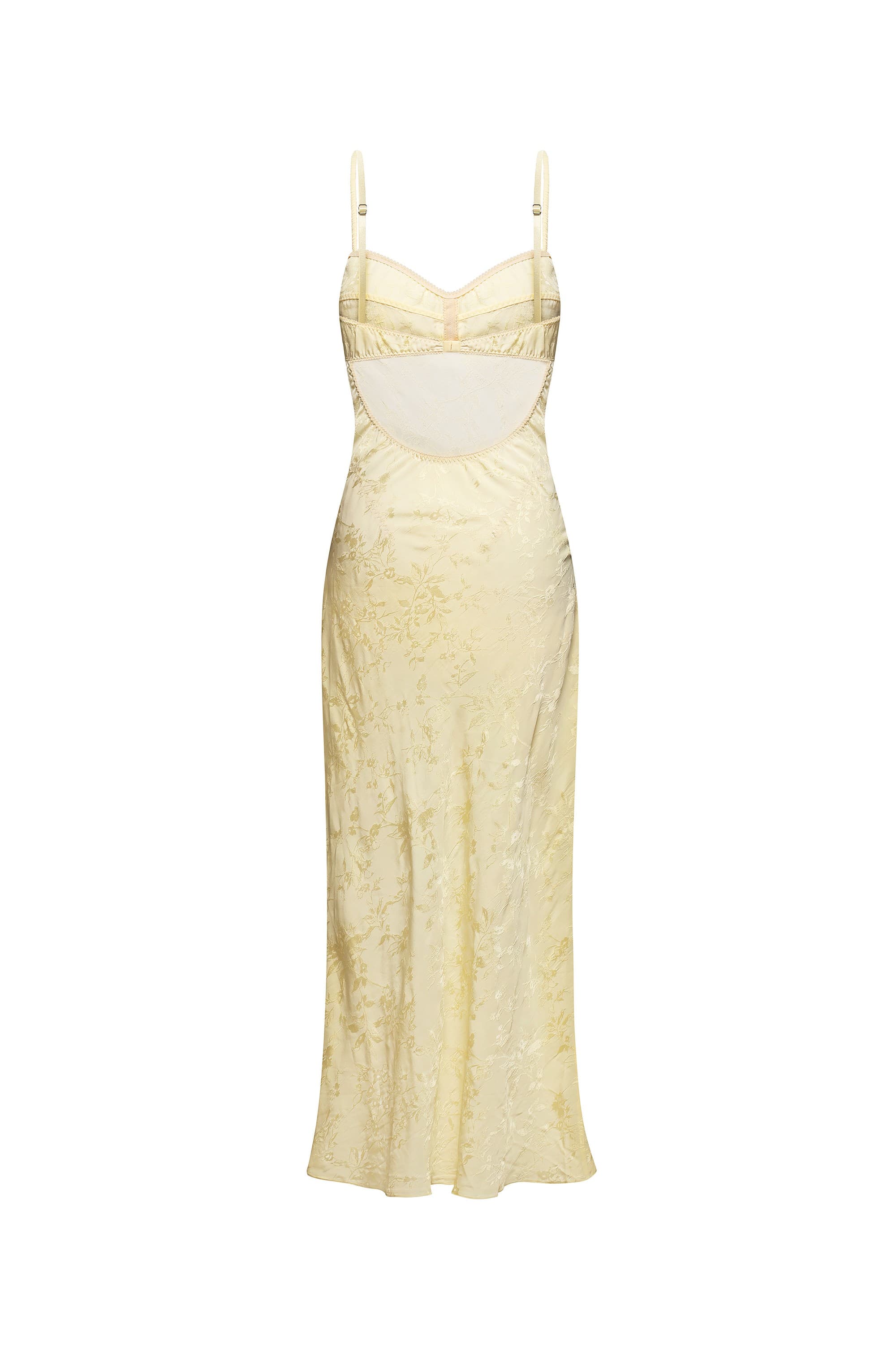 A pale yellow slip Waterlily dress with spaghetti straps, shown against a plain white background, back view