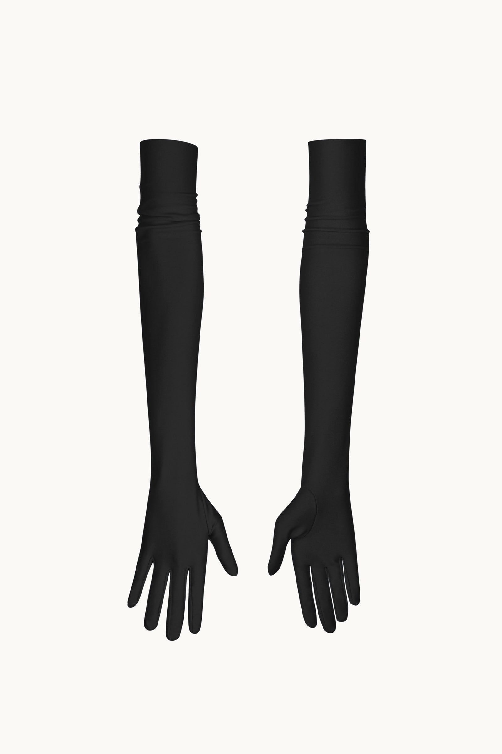 A pair of long black Manon gloves with a scalloped trim