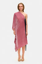 Model in one-sleeve Francesca midi dress with a decored bow on the waist front view