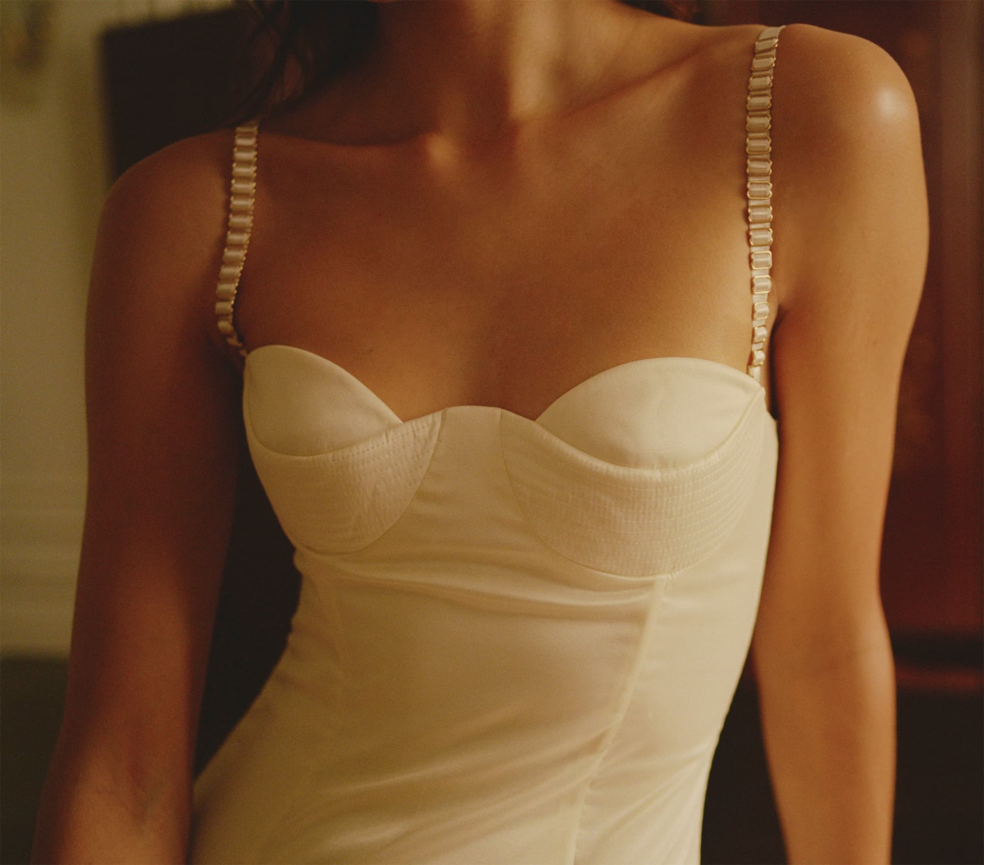 Model in Chloé midi dress with a corset top with stitching and wide skirt front details view