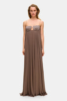 Model in Solomia maxi dress with tulip-shaped decorated cups and chiffon maxi sun skirt front view