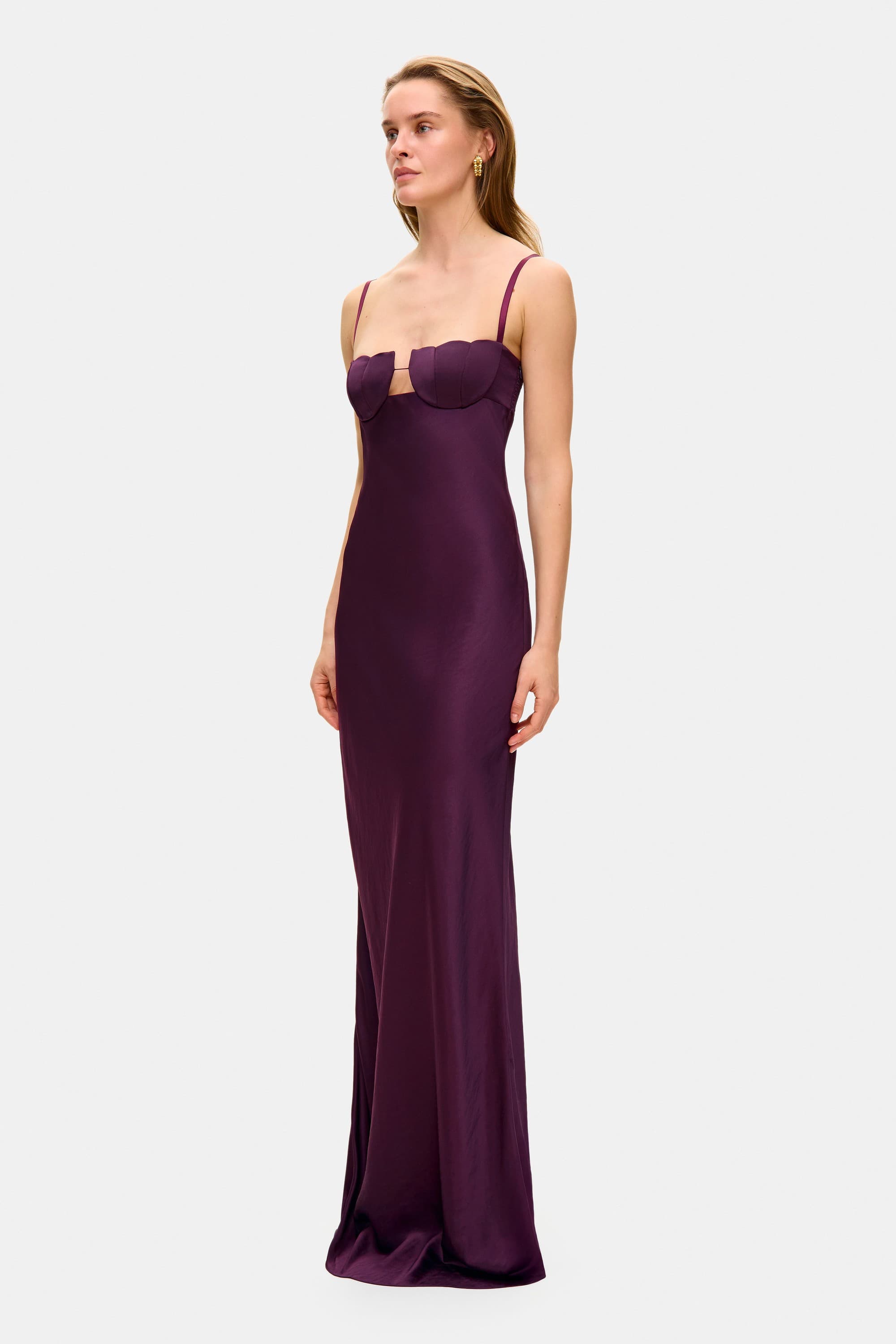 Model in Tulip maxi dress with tulip-shaped decorated cups side view