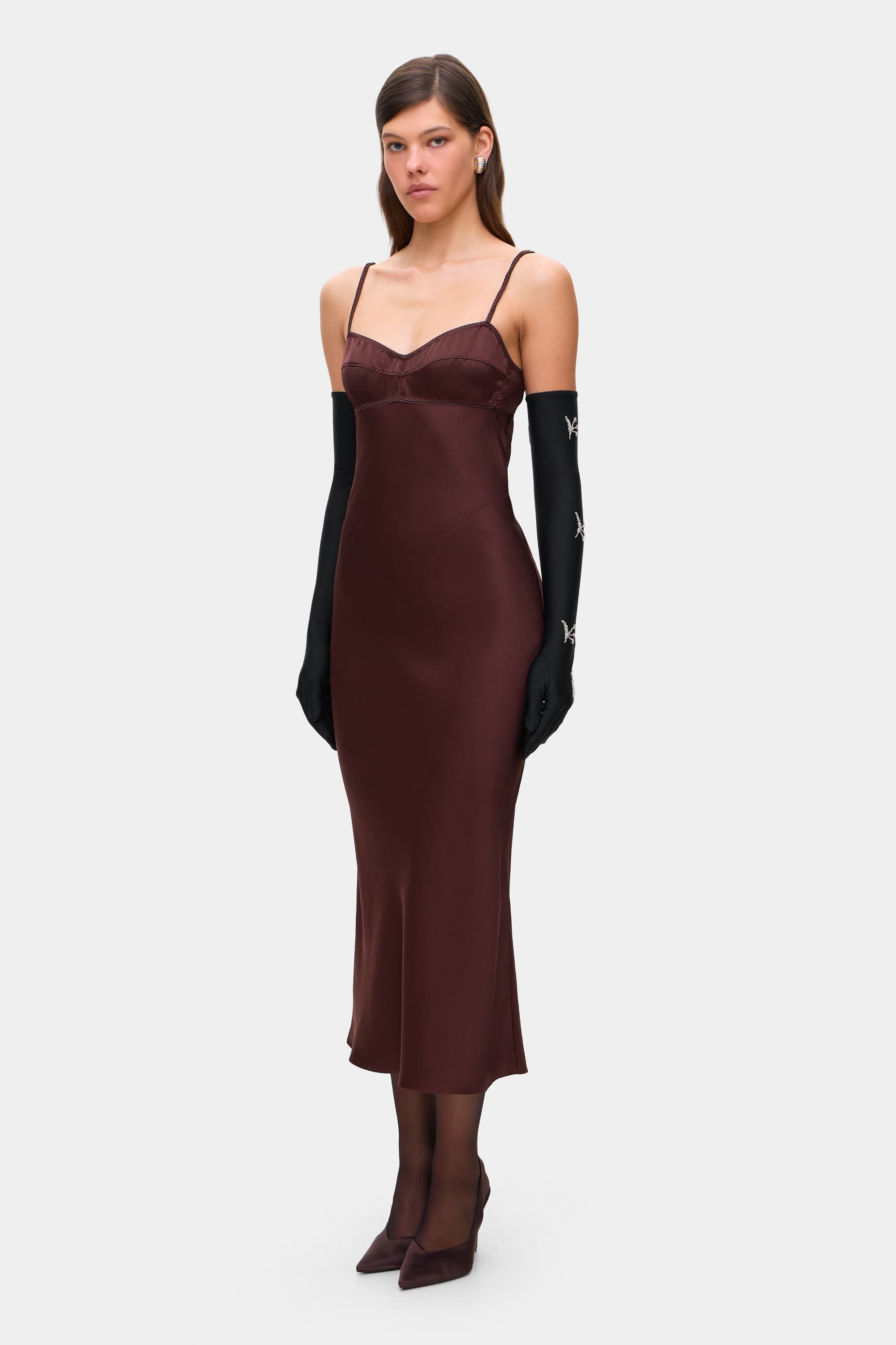 Model in open back Waterlily midi dress with a lingerie-style bodice side view