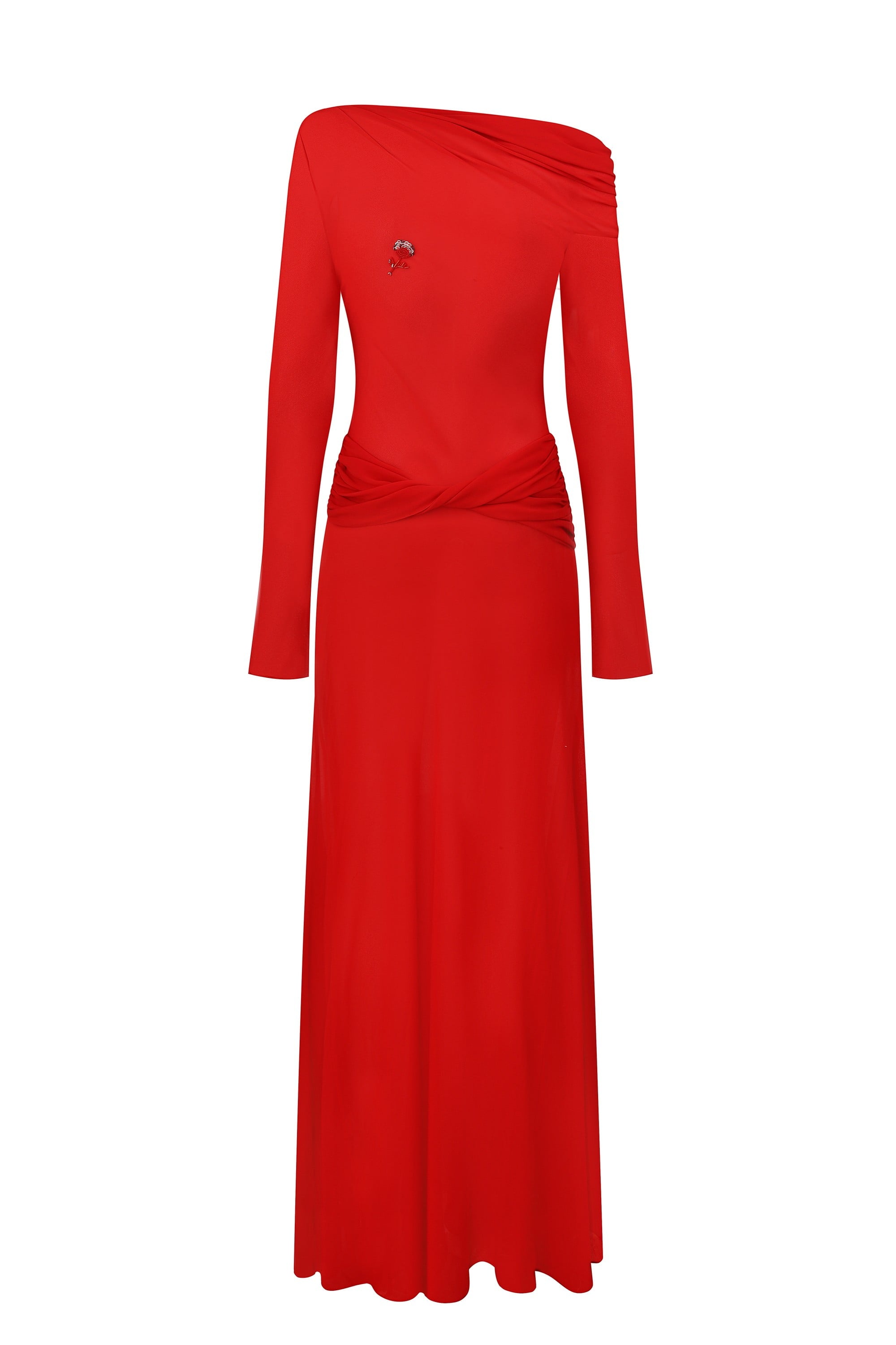 Julie maxi dress with with decorative drapering and embroidery back view