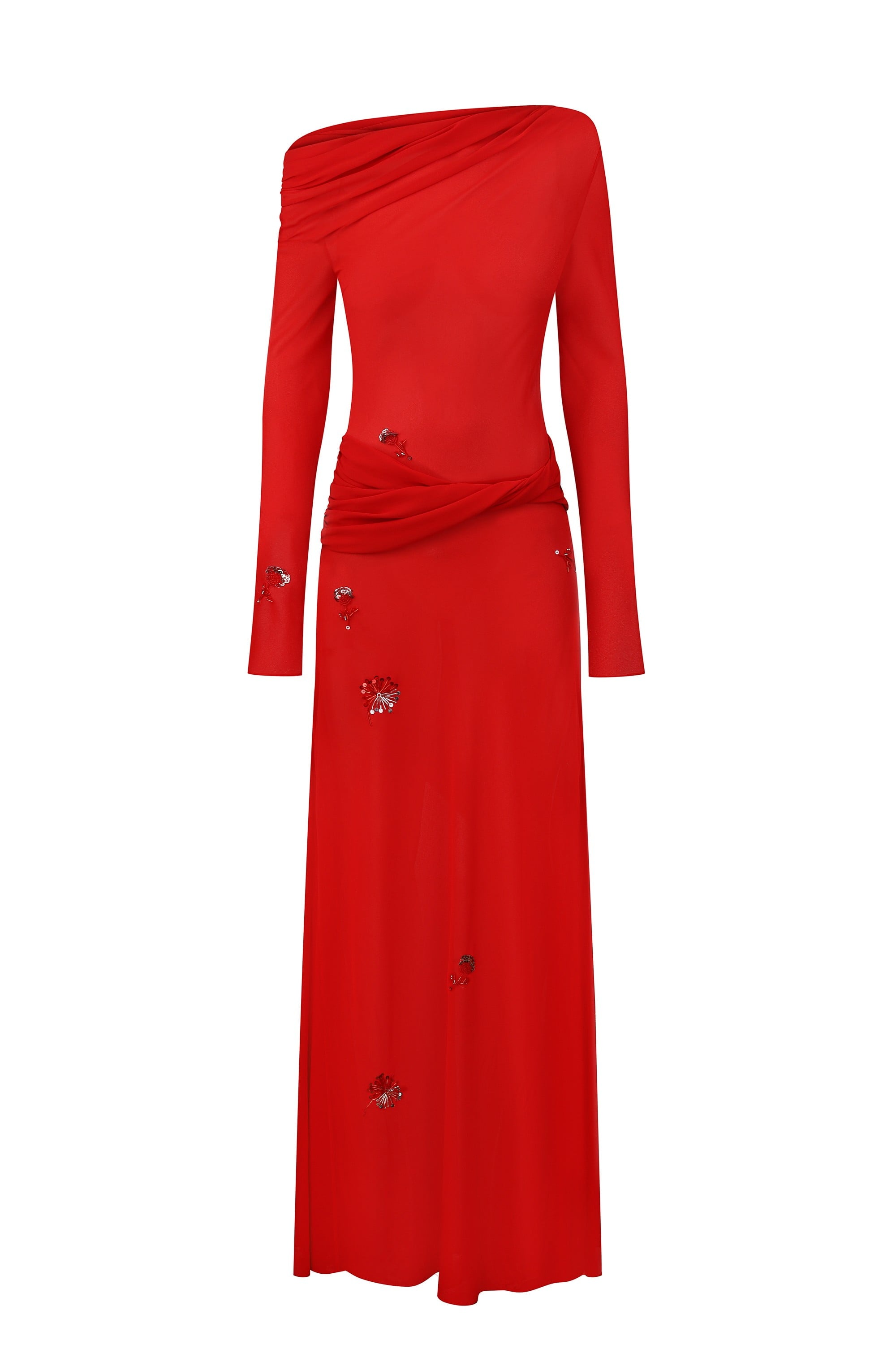 Julie maxi dress with with decorative drapering and embroidery front view