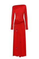 Julie maxi dress with with decorative drapering and embroidery front view