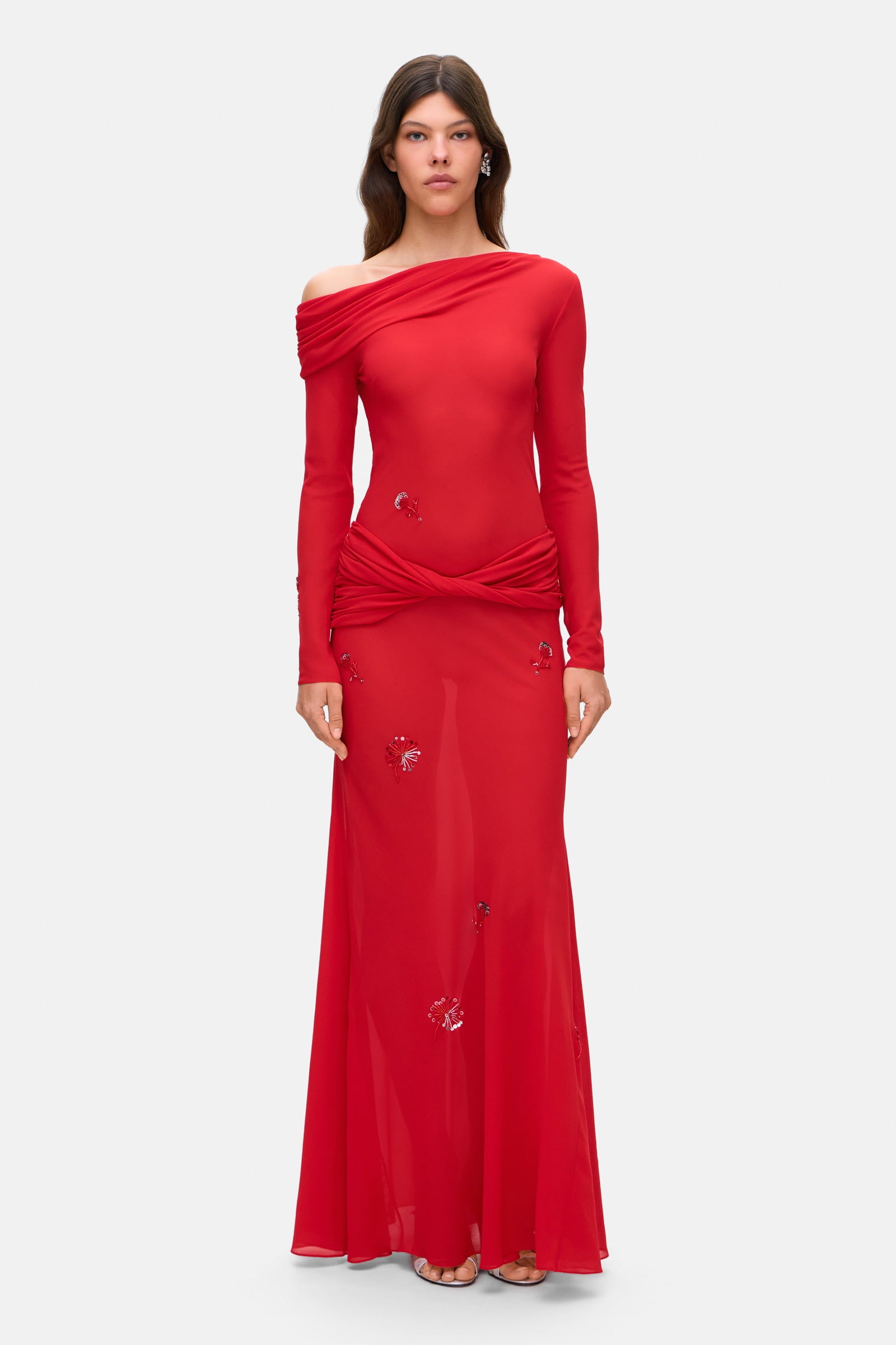 Model in Julie maxi dress with with decorative drapering and embroidery front view