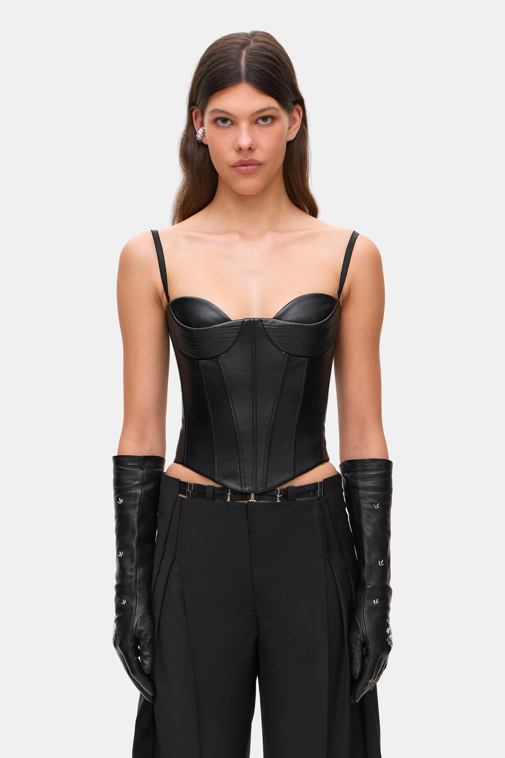 Model in Ruslana leather corset front view